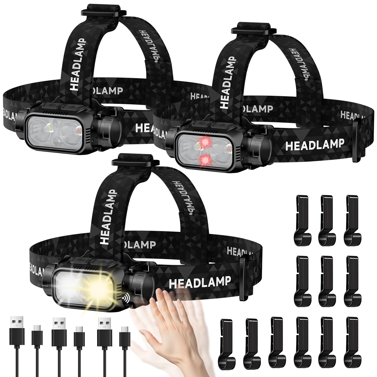 ATDOALL Rechargeable LED Headlamp 3 Pack, High Lumen, Waterproof, 90° Adjustable, Black