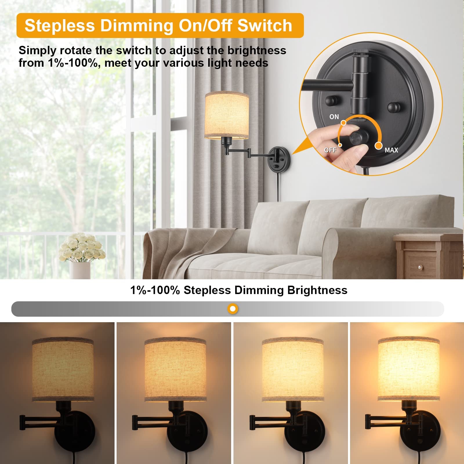 GOODATE Dimmable Plug-in Wall Sconces Set of 2, Linen Fabric Shade, Swing Arm Lamp, Model BZ-2PACK