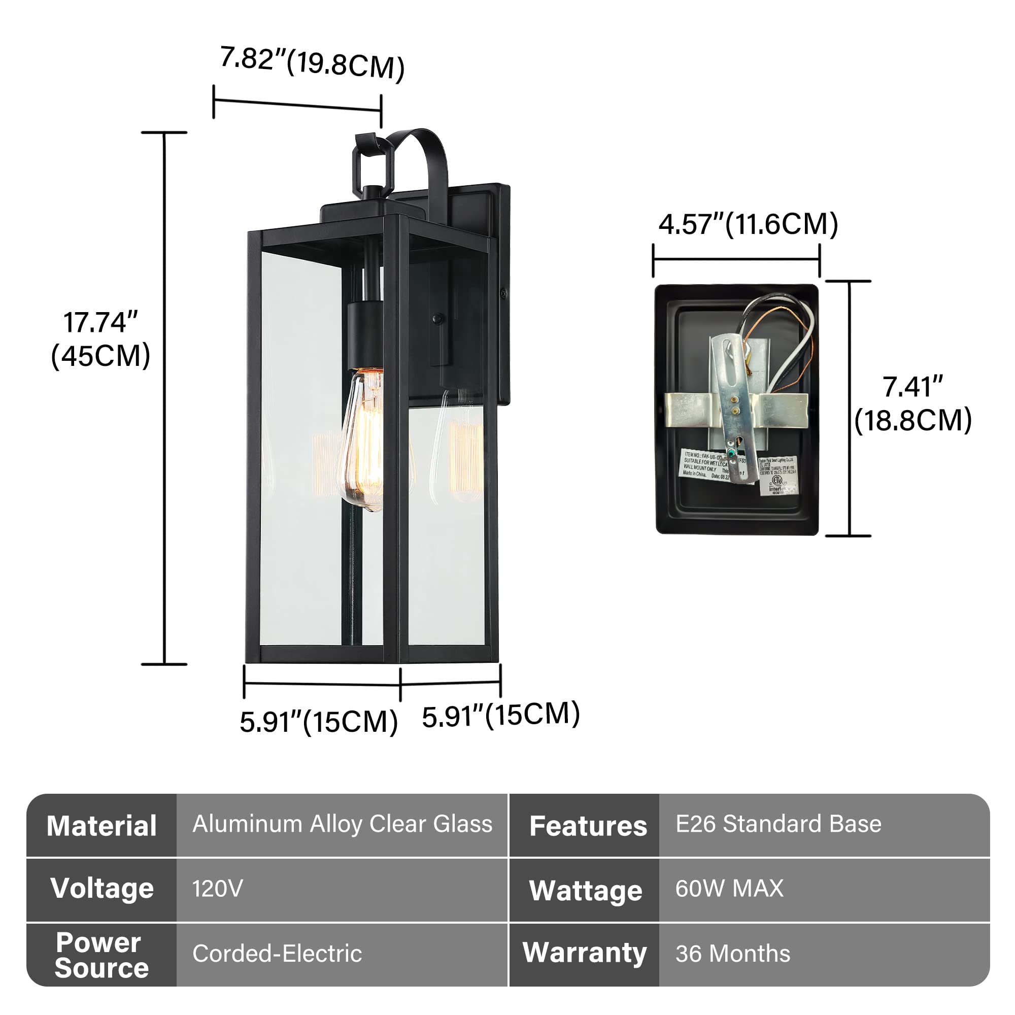 Pia Ricco 18 Inch Matte Black Outdoor Wall Lights, 2 Pack Waterproof Sconce Lanterns, ETL Listed