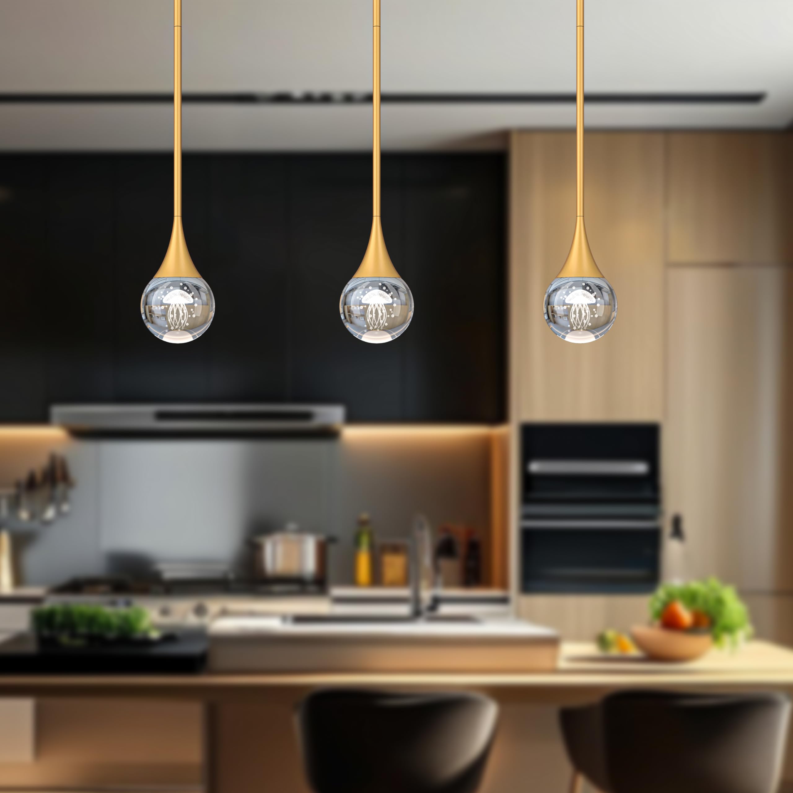 2-Pendant Lights Kitchen Island  discomfort-reducingted Gold Globe Crystal Ceiling Hanging Light Fxitures  Led Light Fixtures Metal Rod Ceiling Glass Pendant Lighting For Kitchen Island Dining Room Bar