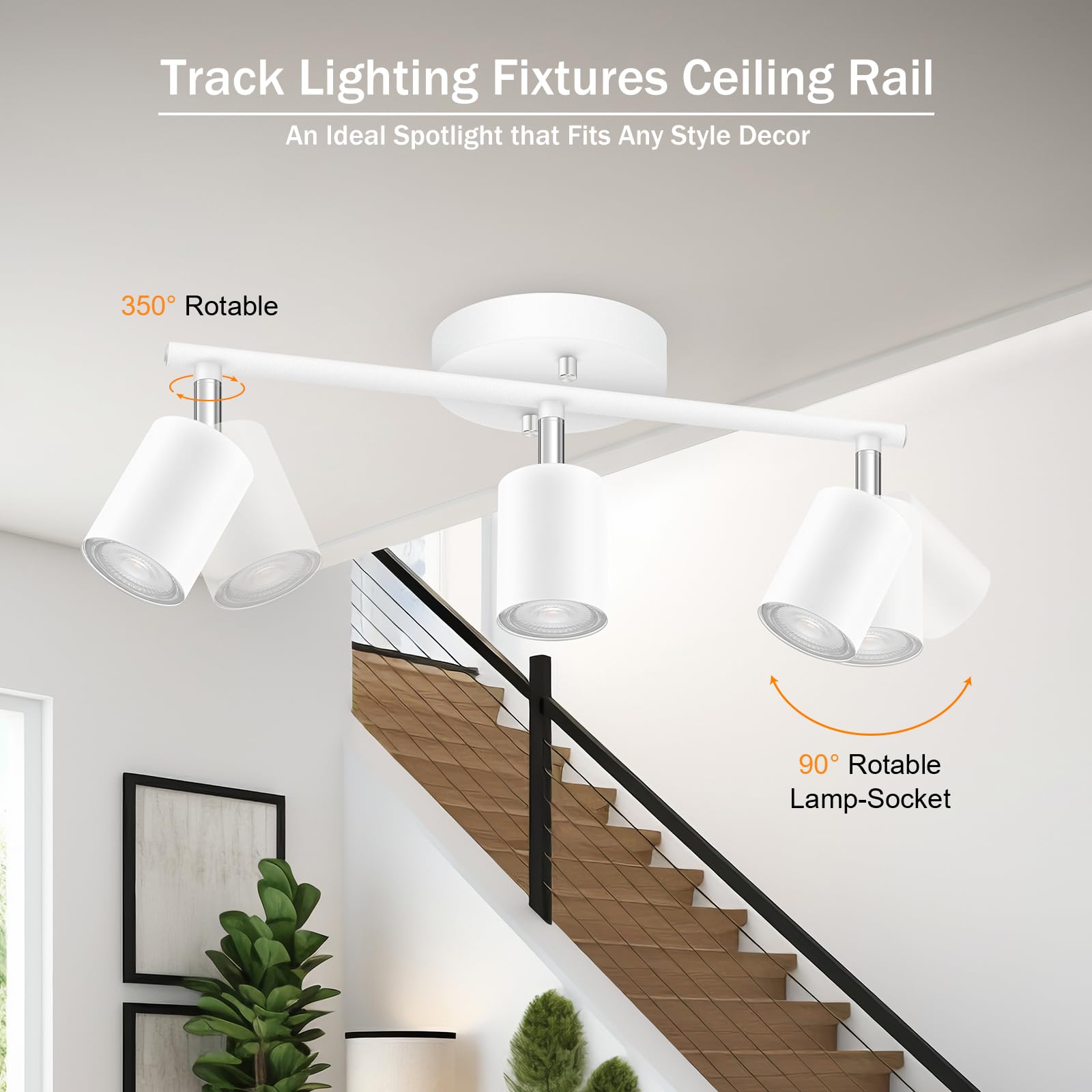 White Track Lighting, 3 Light Track Lighting Kit, White 3 Way Modern Ceiling Spotlight, Flexibly Rotatable Light Head, Industria
