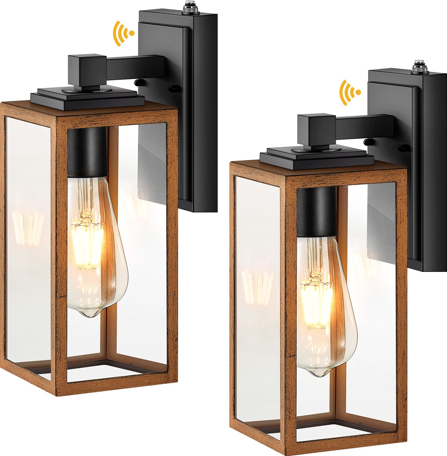 VIANIS 2 Packs Garage Light Outdoor, Dusk to Dawn Outside Wall Lights Fixture for House, Wood Grain Coach Lantern with Toughened