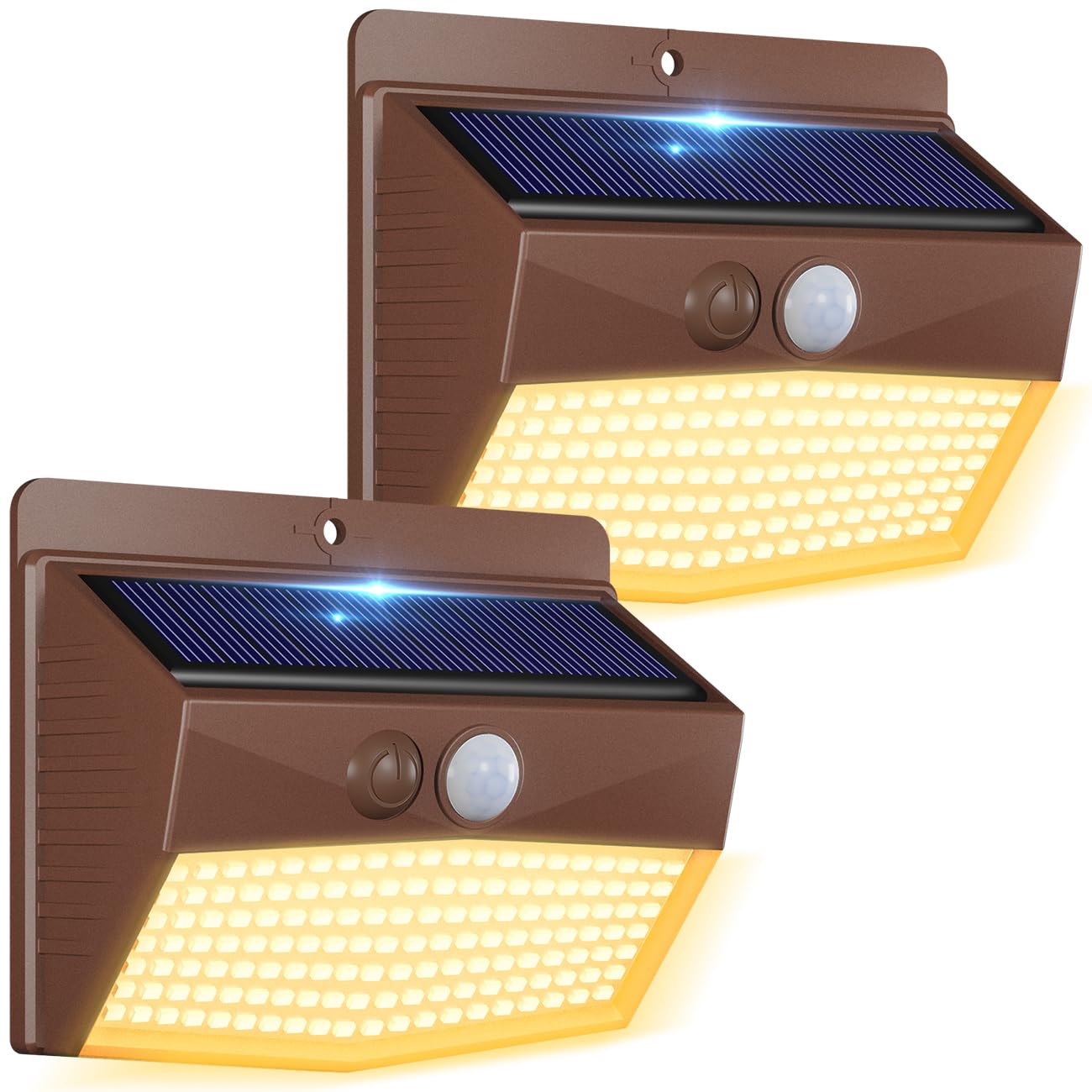 Peasur Solar Outdoor Lights  [2 Packs] Motion Sensor Security Lights with 3 Lighting Modes Wall Lights Waterproof Solar Powered Lights for Garden Yard  Brown Warm