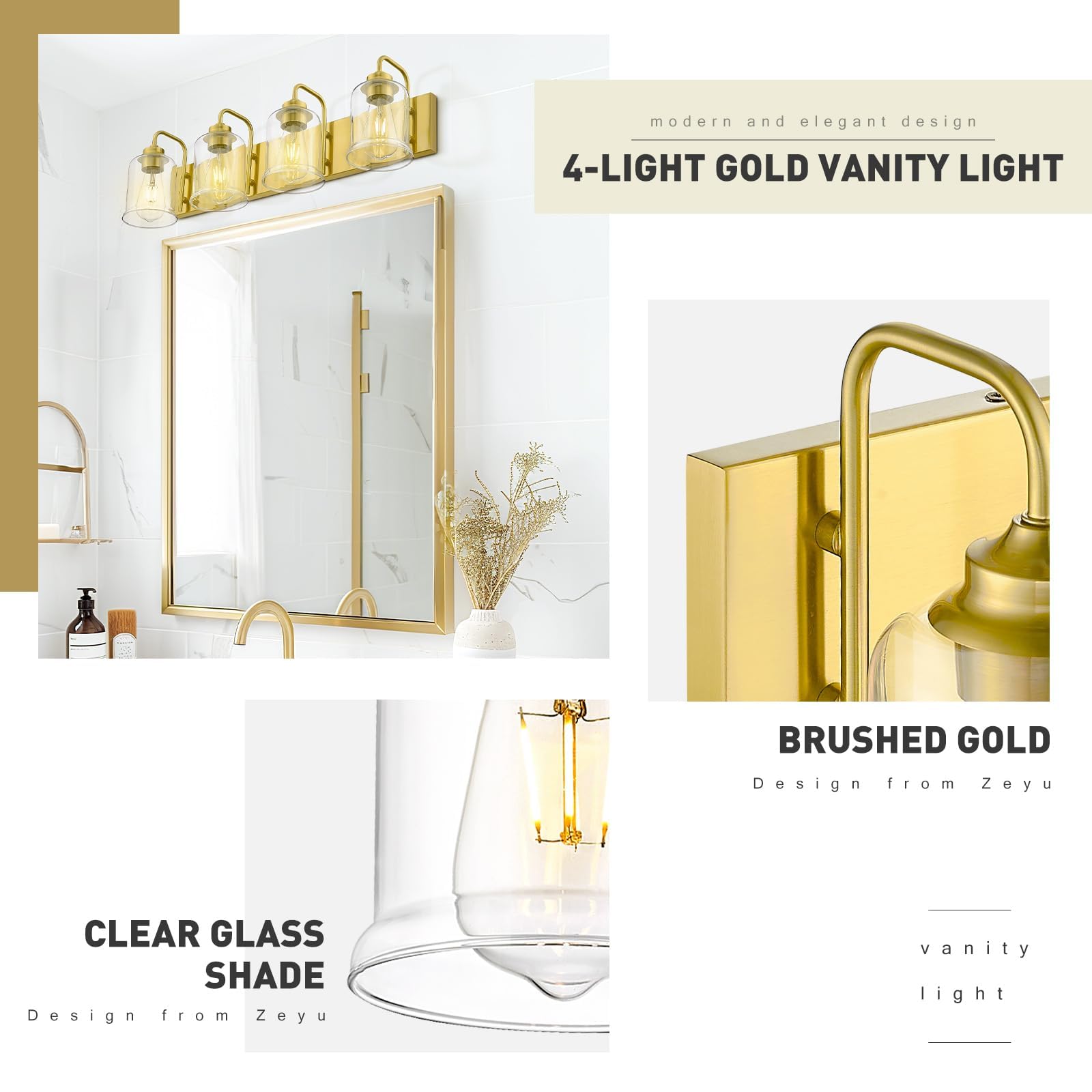 zeyu 4-Light Brushed Gold Vanity Light, Modern Metal Wall Sconces with Clear Glass Shade, Model ZSL72B-4W BG