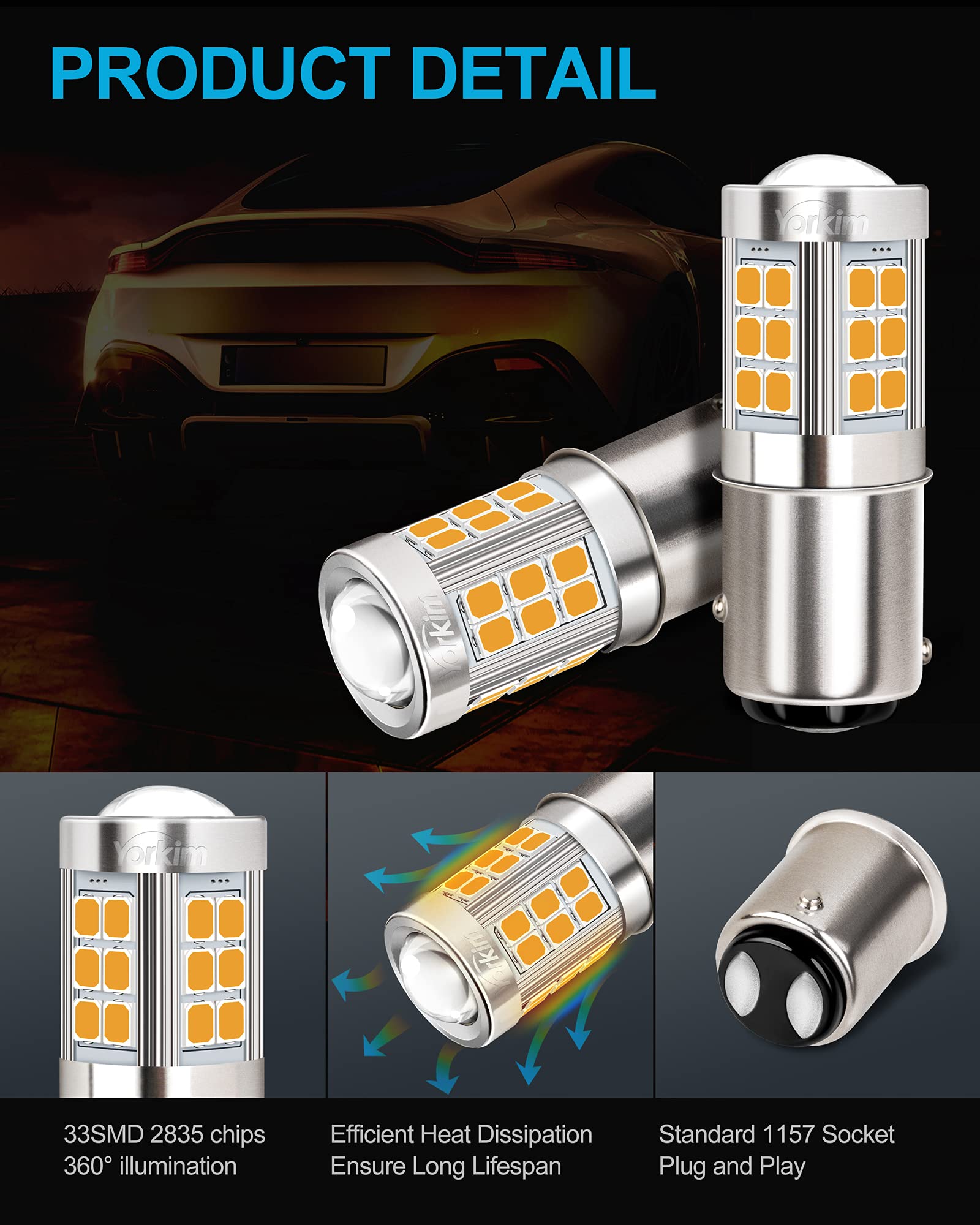 Yorkim 1157 Led Bulb Amber, 1157 Led Turn Signal Bulb, 2357 Led Bulb 2057 7528 Bay15D Replacement For Turn Signal Blinker Lights