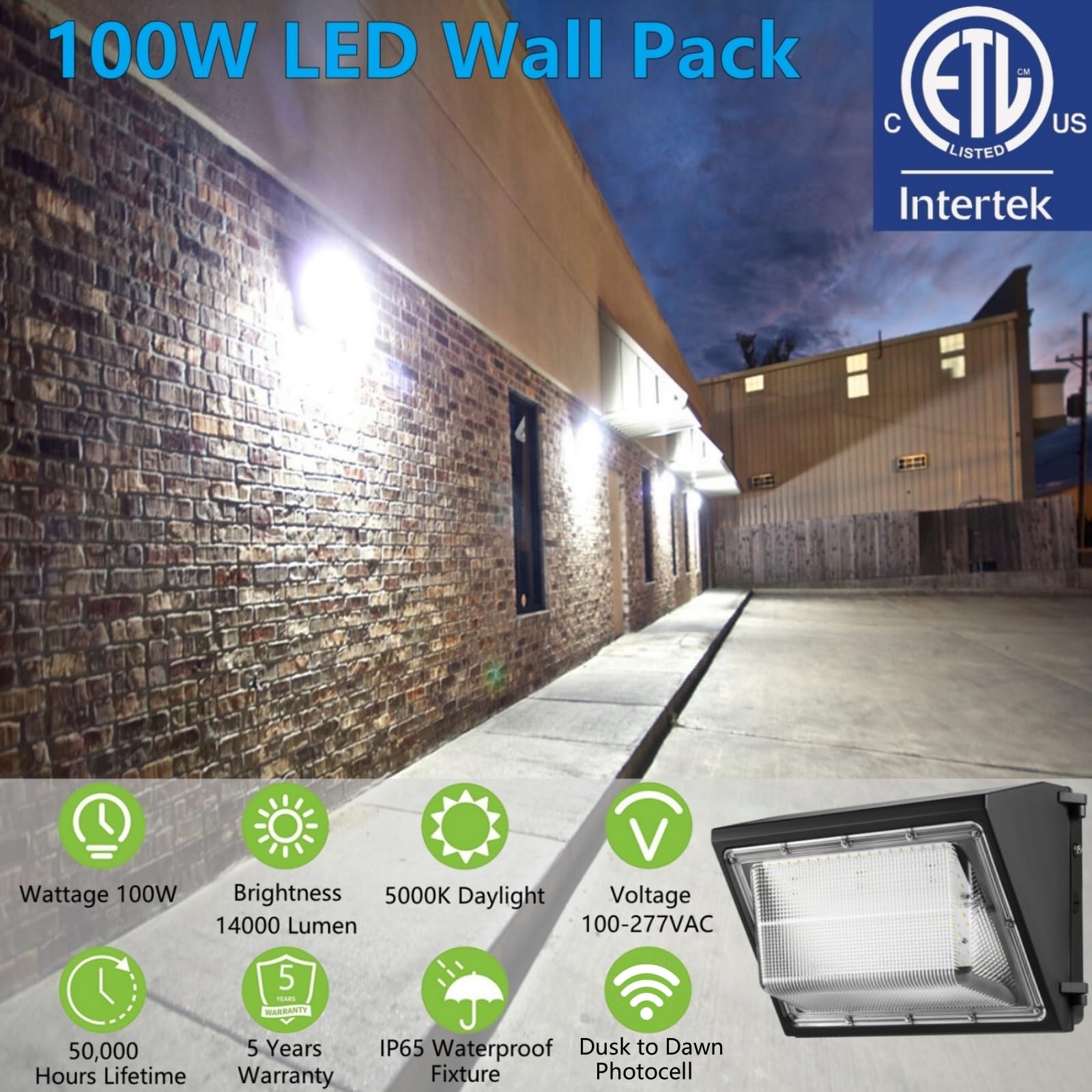 2Pack Dusk To Dawn 100W Led Wall Pack Light Fixture, 13000Lm 400-600W Hps/Hid Equivalent, 5000K Daylight Commerical/Industrial Outdoor Security Lighting, Etl For Parking Lot,Warehouse,Entrance