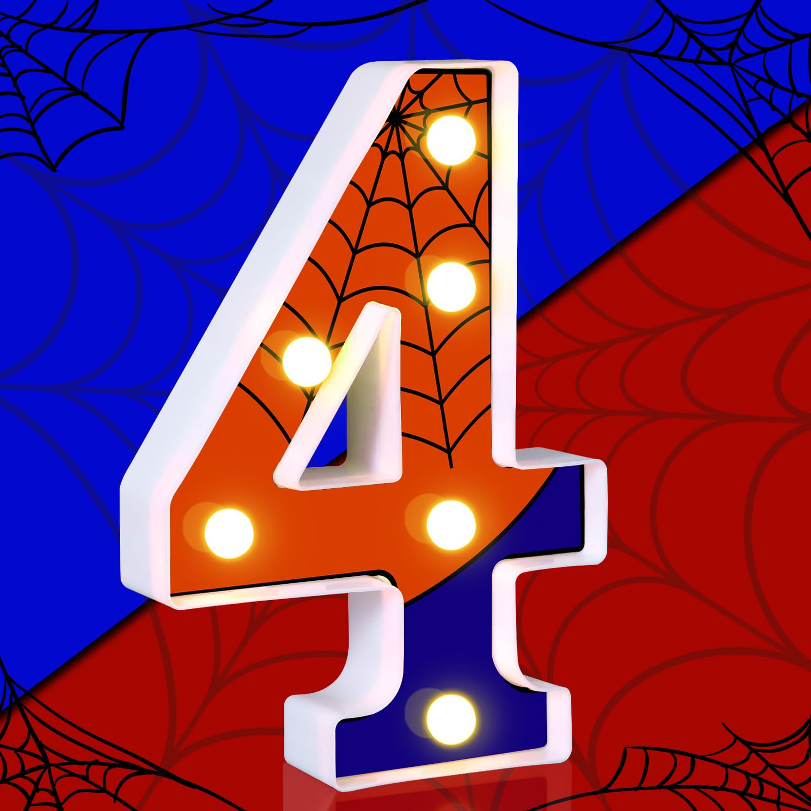 AXBMM Light Up Spider Birthday Sign, Number 4, LED, 8.5in, Blue/Red, Plastic