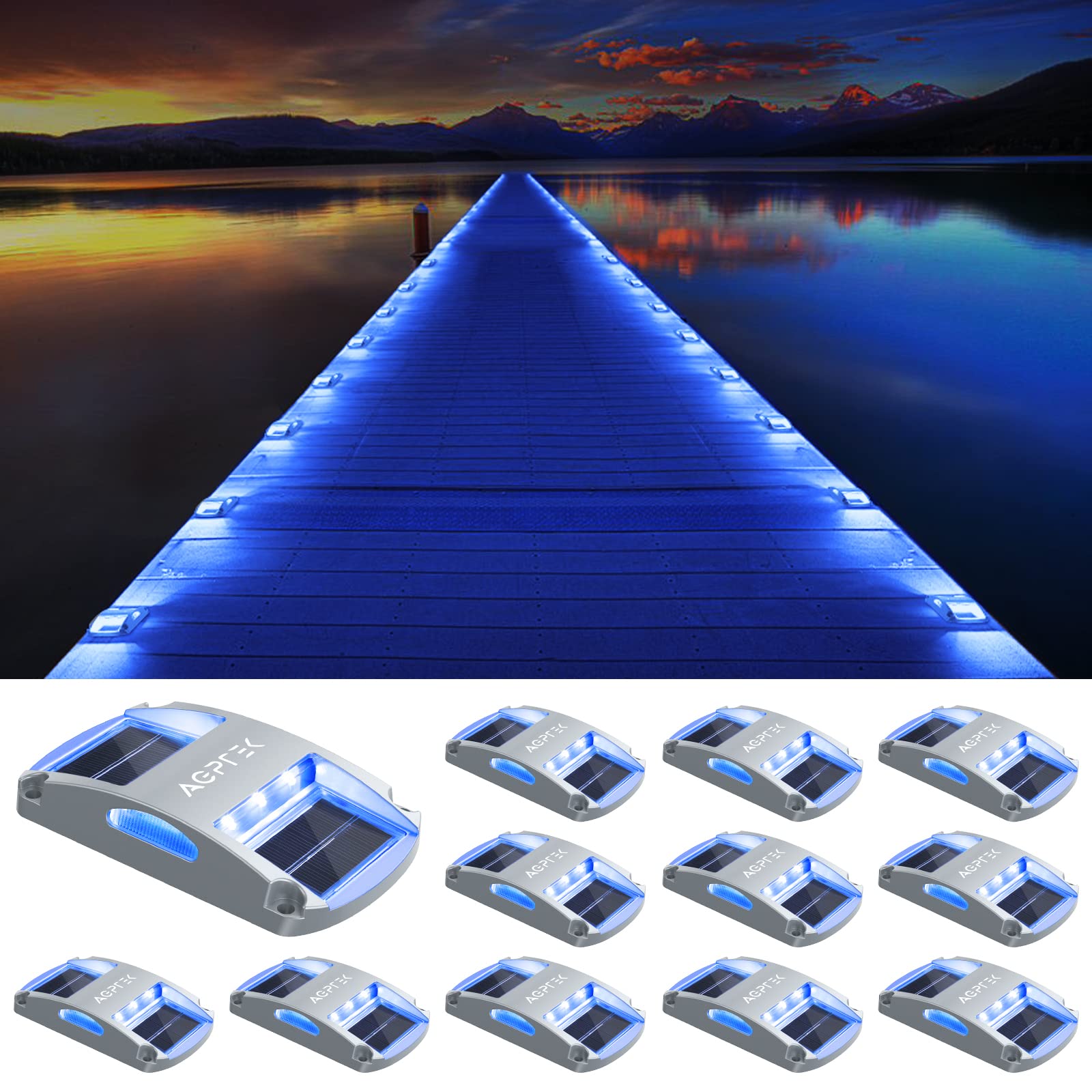 AGPTEK Solar Driveway Lights, 12 Pack, LED Waterproof Dock Lights, Blue Light, Aluminum