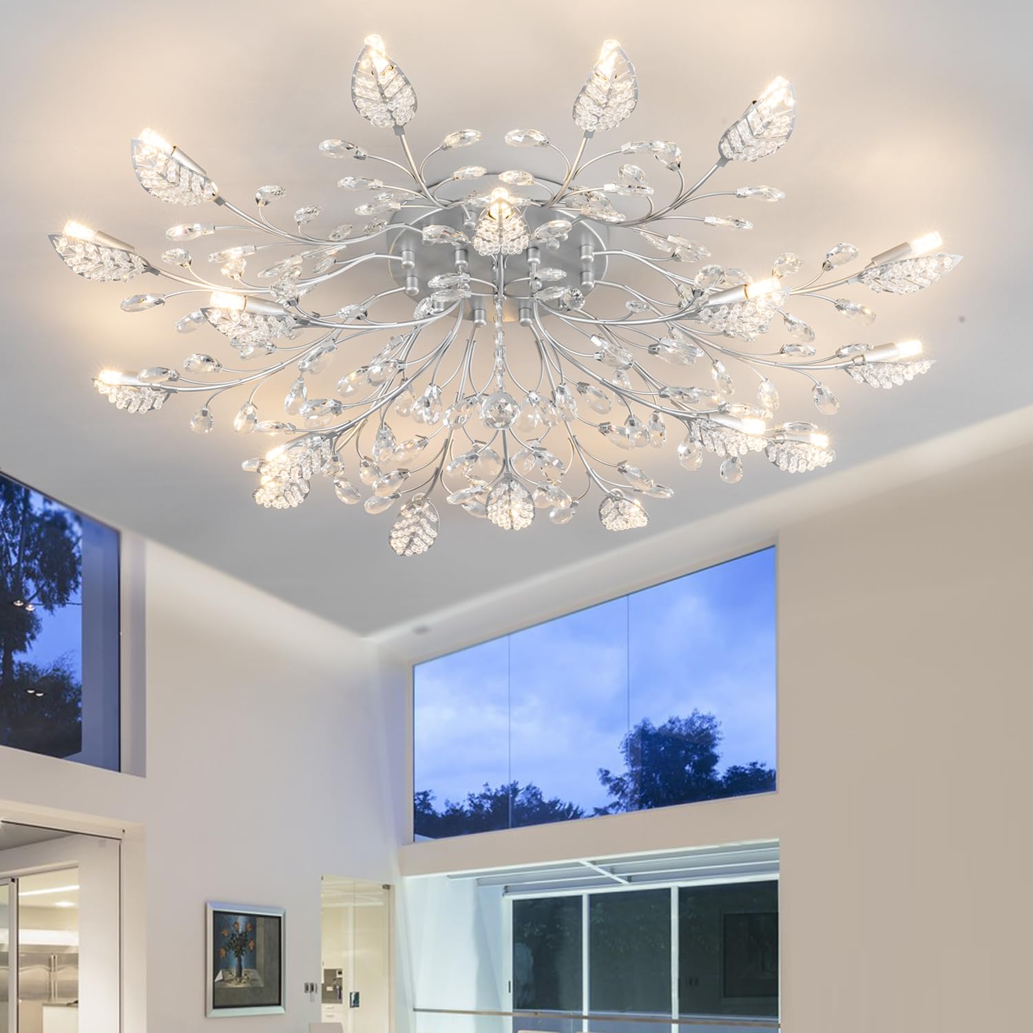 Modern Crystal Ceiling Light Fixture,Silvery Semi Flush Mount Chandeliers,Crystal Leaf Ceiling Light, Chandeliers For Dining Roo