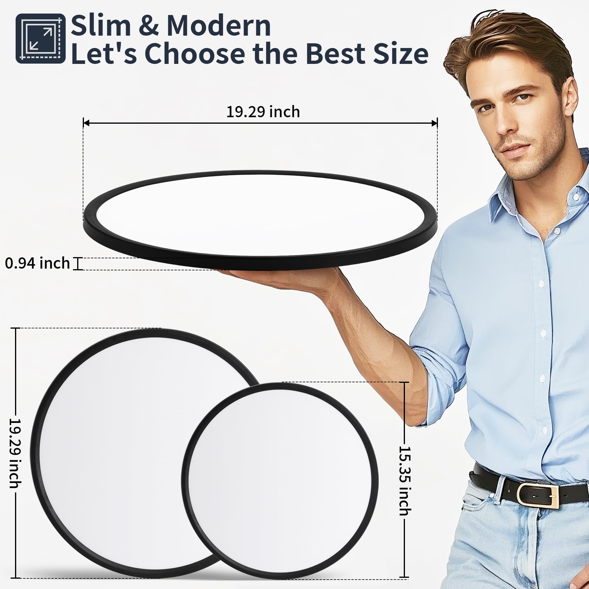 KIWIVIC 19 Inch Flush Mount Ceiling Light, Dimmable LED, 45W 4500LM, Black, Model LT0162-T3-T01, Night Light, 300