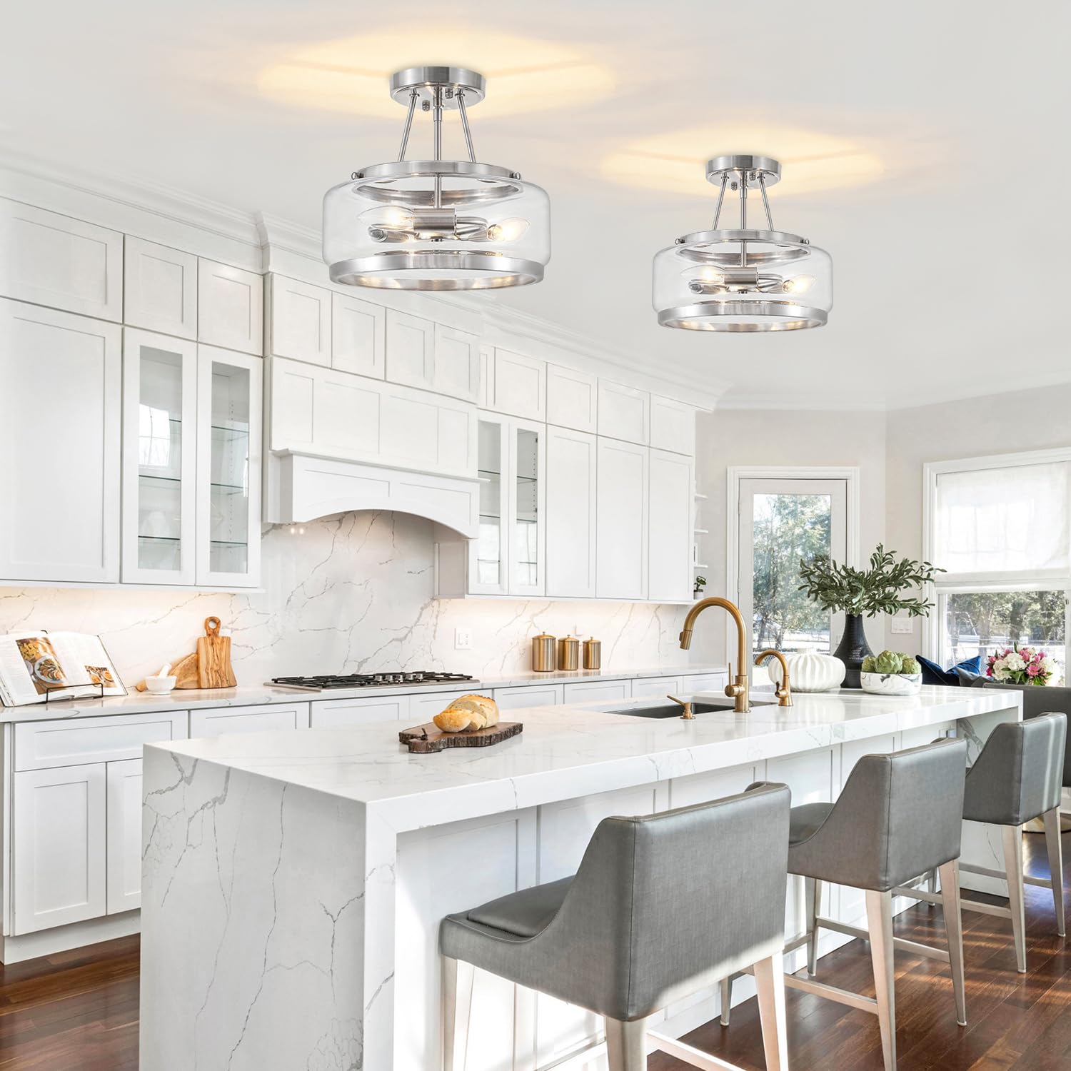 Brushed Nickel Modern Glass Ceiling Light  3-Light Drum Semi Flush Mount Ceiling Light Fixture  Entryway Light Fixture  Ceiling Lamp For Hallway Bedroom Laundry Kitchen Dining Room Lighting  Ul-Listed