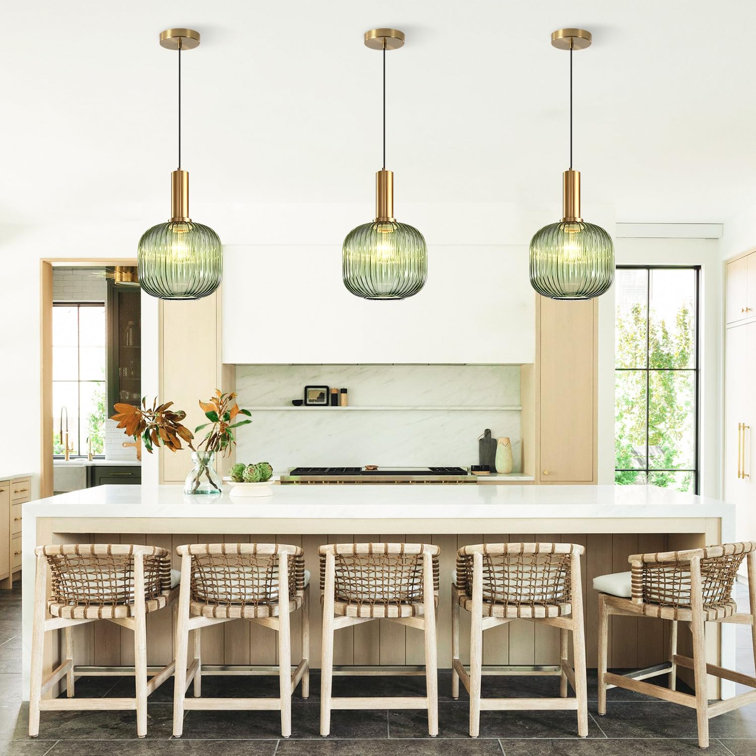 KCO Vintage Green Glass Pendant Light - Ribbed Globe Fixture, 20cm, Brass Gold, Model L1162-G