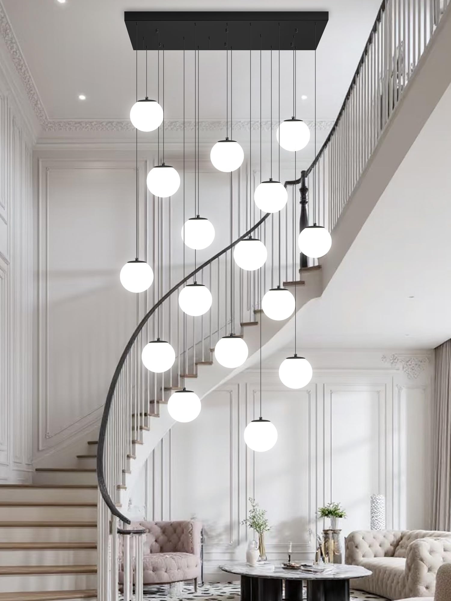 ykolupty 16-Light Black Chandelier, Dimmable White Globe Glass Pendant Light for Kitchen & Dining, Model TP3016-RB-16H-CT