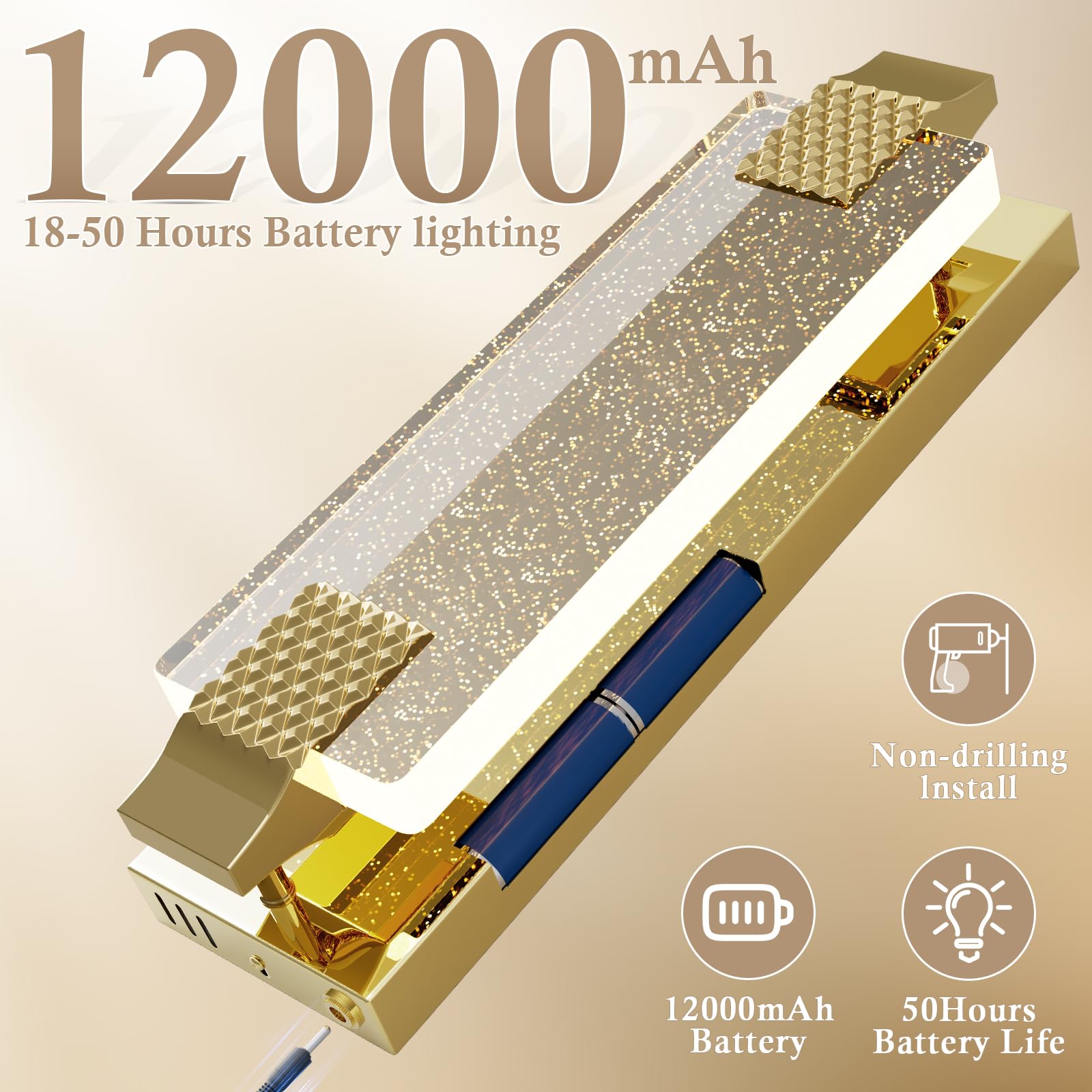 camuucci Rechargeable Battery Operated Wall Sconce, 15.2" Gold Glass Dimmable Light, Remote Control, Model SNCD, Indoor Use