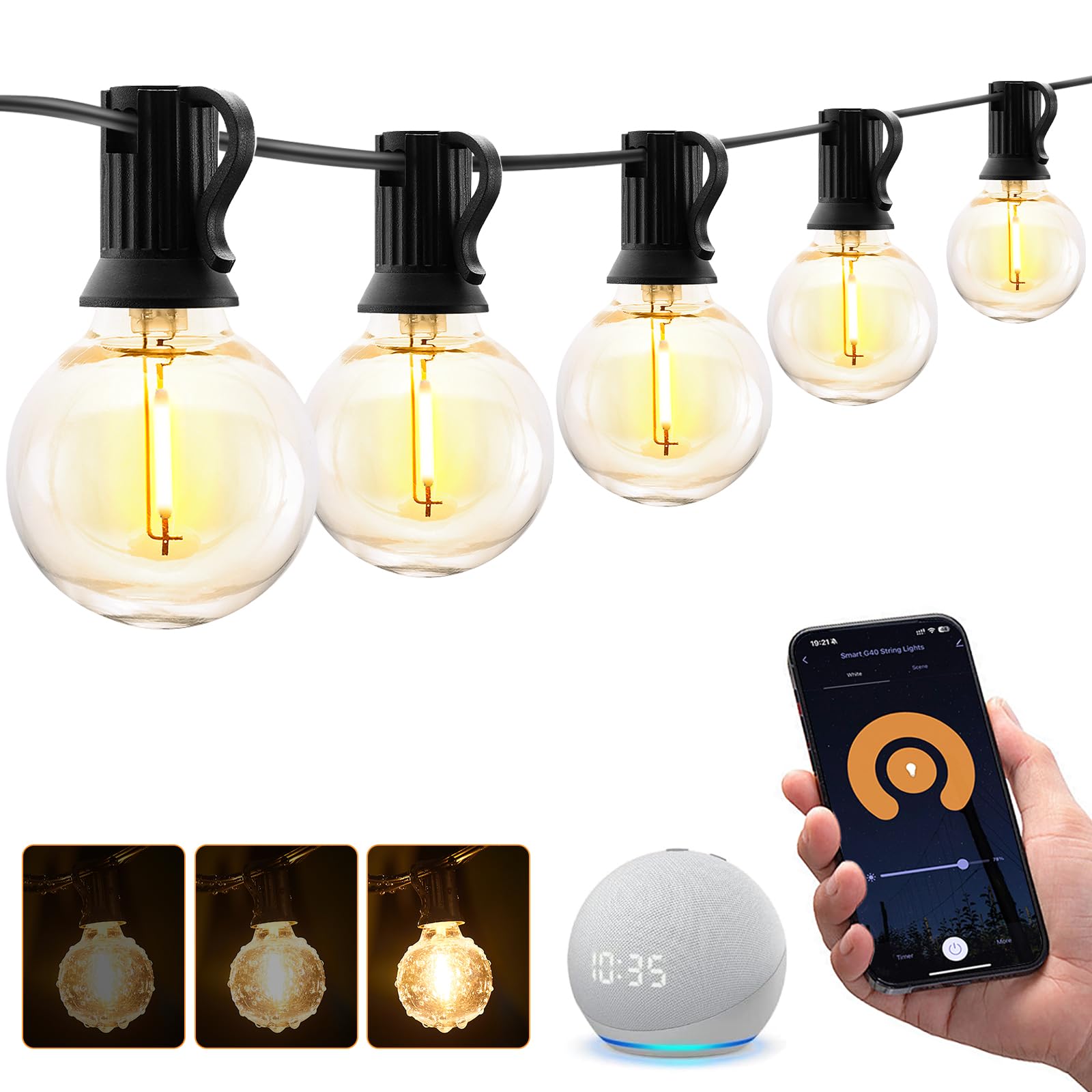 XMCOSY+ Smart Outdoor String Lights, 75Ft, 34 Dimmable LED Bulbs, WiFi & APP Control, Waterproof, White, Model IL-120V-60W