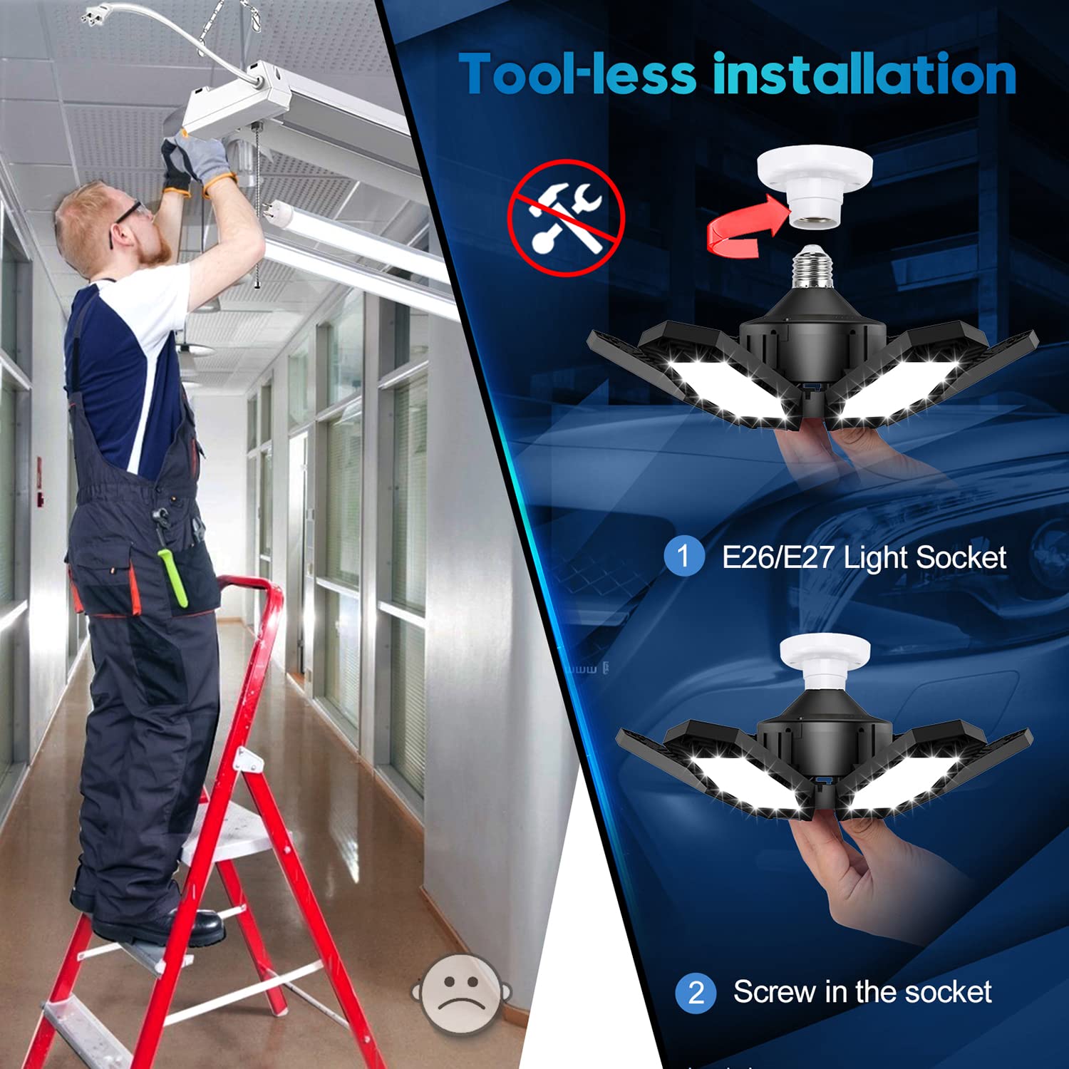 TANBABY LED Garage Lights 150W Deformable 2 Pack, 30000LM E26/E27, Adjustable Panels, Black Plastic