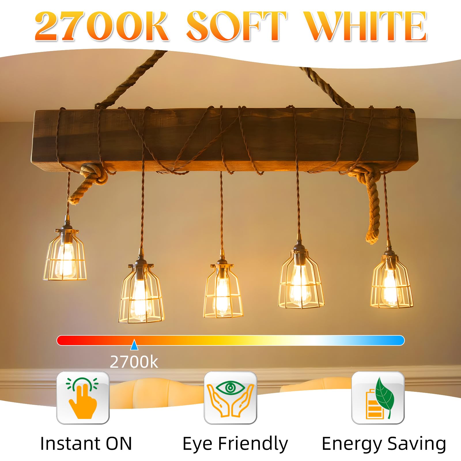 Gvvoohome Edison Bulbs, E26 Led Bulb 60 Watt Non-Dimmable, Soft White 2700K, St58 Vintage Light Bulbs, 90+ Cri, 6W 600Lm, E26 Me