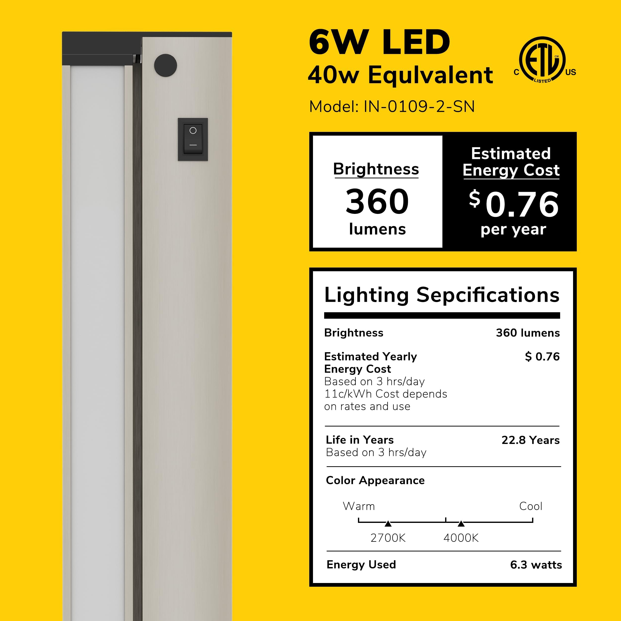 GETINLIGHT 12-inch Swivel LED Under Cabinet Light, Dimmable 2700K/4000K, Brushed Nickel Finish, Model IN-0109-2-SN