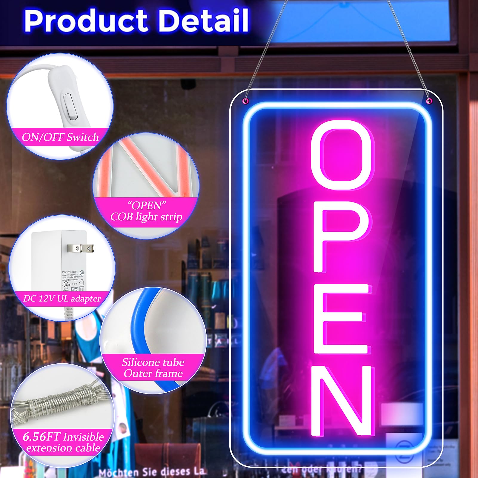 ROLANCHE LED Open Sign, 23inx12in, Ultra Bright Acrylic, Blue Pink Vertical, Model JS-OPEN-PK-V-BIG-US