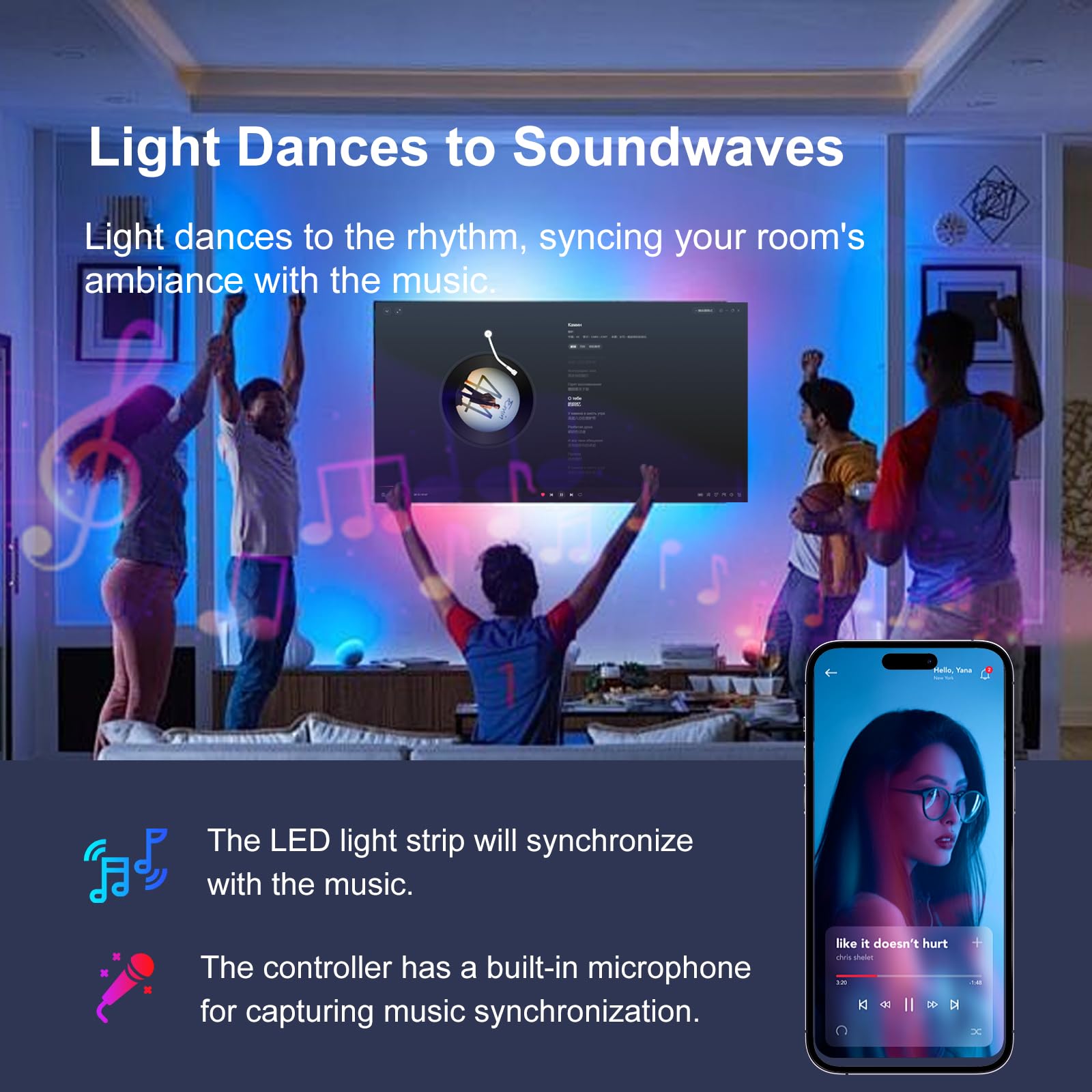 FBY 50 FT LED Strip Lights, Multicolor RGB, Bluetooth Remote Control, Music Sync, for Bedroom and Party Decoration