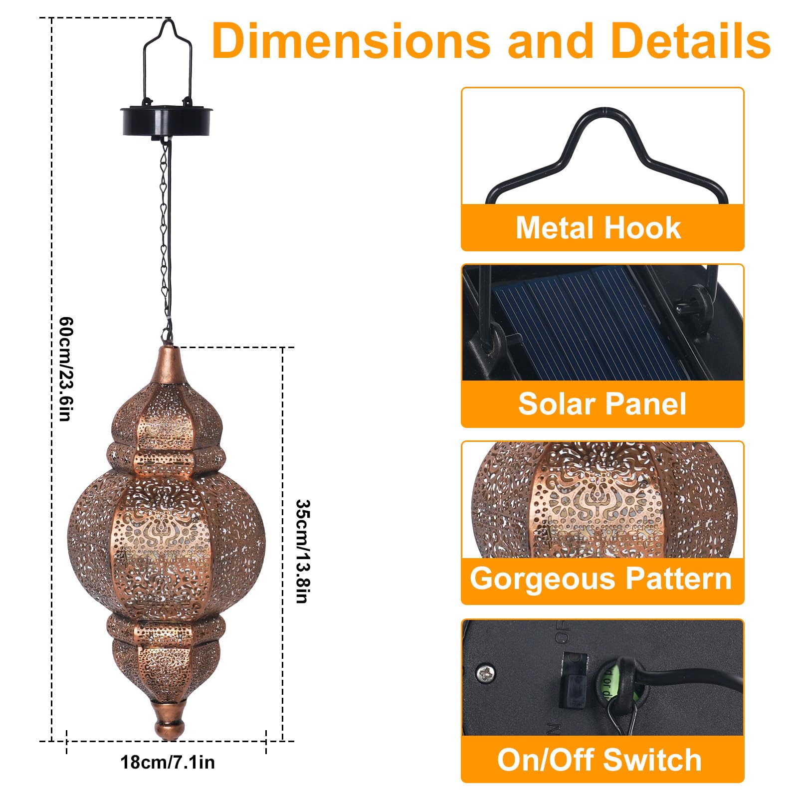 Hanging Solar Lights, Outdoor Decor Solar Lantern, Waterproof Metal Moroccan Lantern For Outside Patio Pathway Yard Front Porch Backyard Garden Decorative