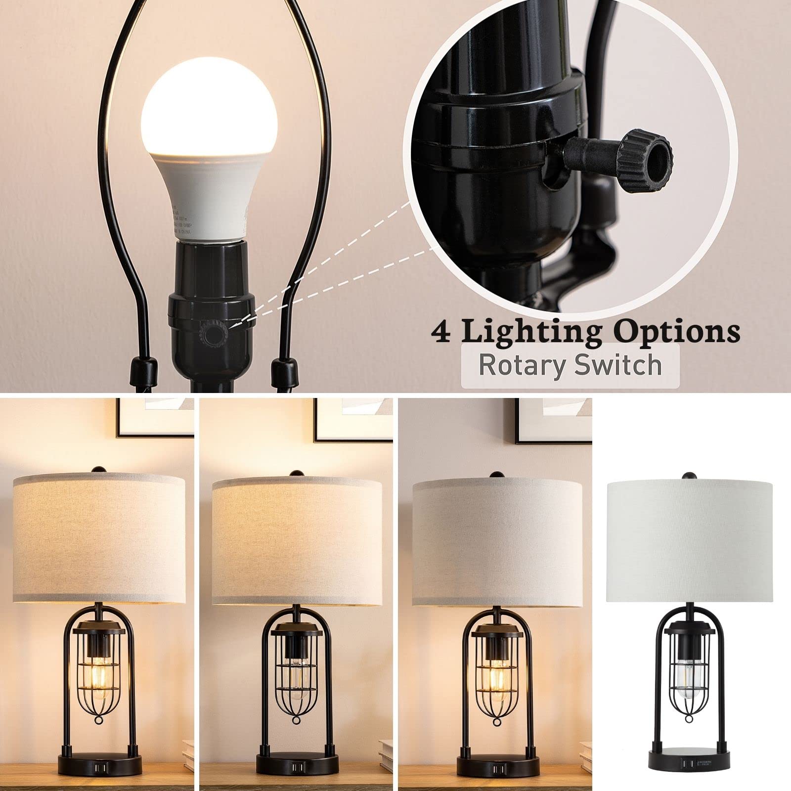 Kyrid 21'' Industrial Modern Table Lamps Set of 2 with Night Light & USB Port, Black Metal, Model 21080, Bulbs Included
