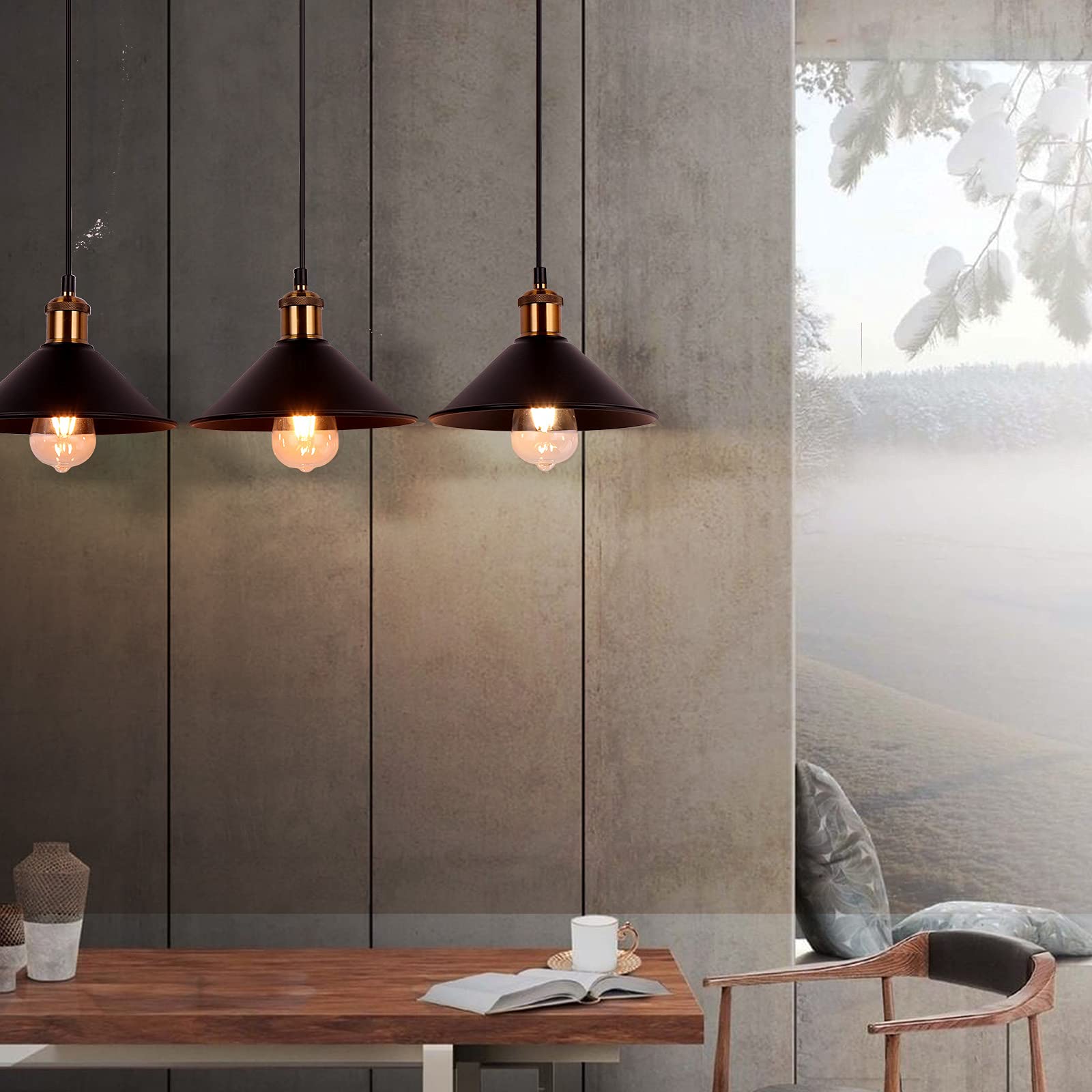 FIRVRE Industrial Pendant Light Metal Vintage Adjustable Fixture E26 Black