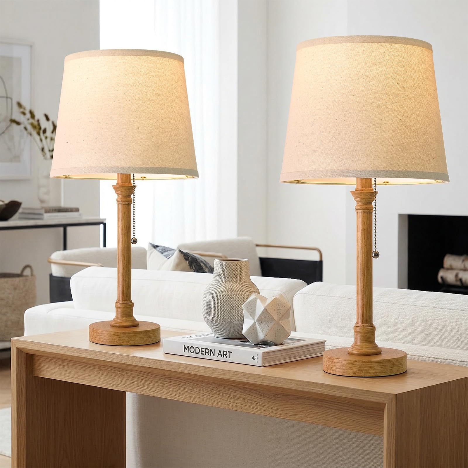Oneach 19.5 Small Table Lamps Set of 2  Pull Chain Switch Bedside Metal Table Lamps  Modern Nightstand Lamp with Linen Shade  Rustic Lamp for Living Room  Bedroom  Home Office  Nursery