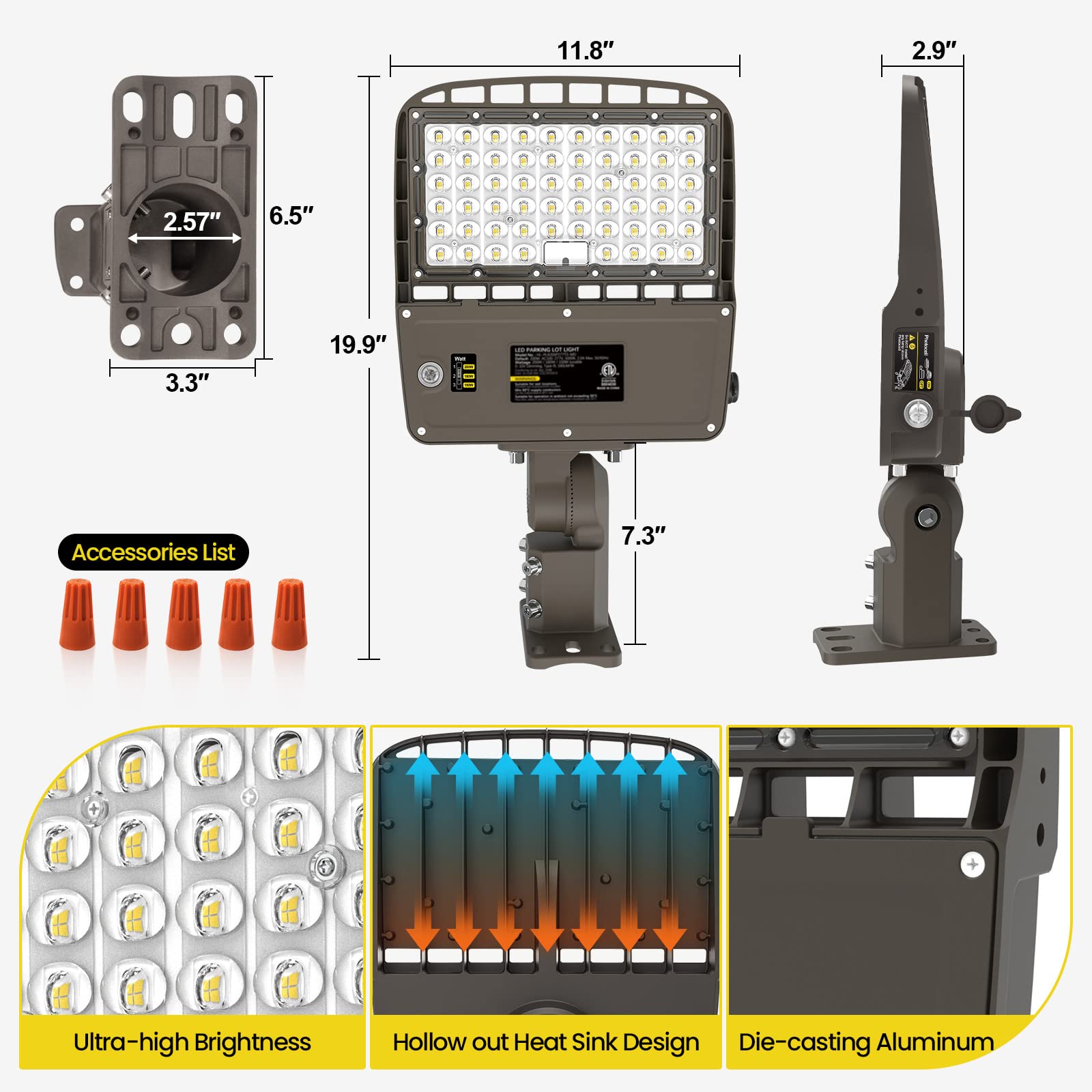 Yarbo 200W Led Parking Lot Light 180W 150W Tunable, 32000Lm (160Lm/W) 5000K Parking Lot Light, Dimmable Led Shoebox Lights With