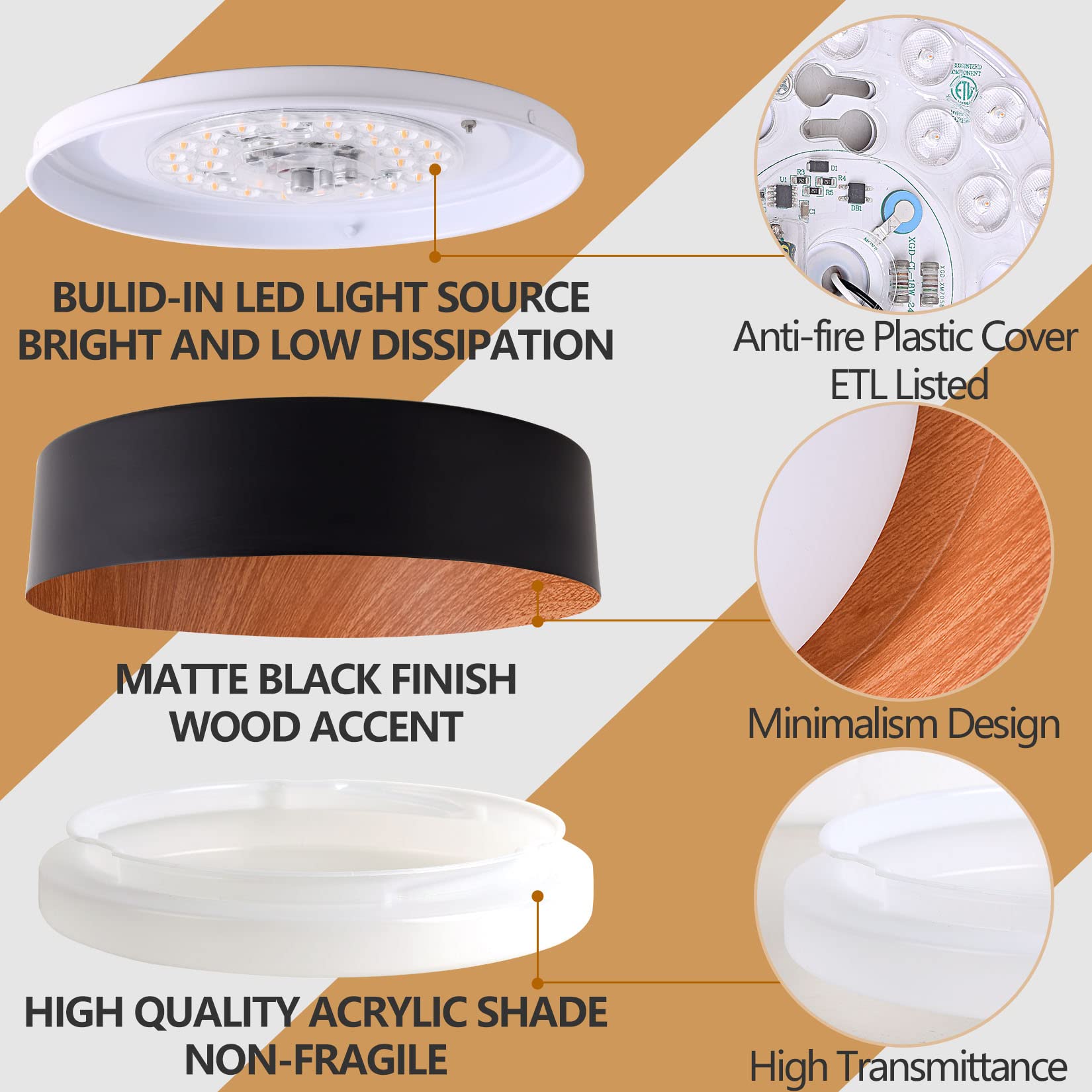 Bargeni Flush Mount Ceiling Light,13 Inch Ceiling Light Fixtures,Matte Black With Wood Accent,3000K/Warm White/18W(100W Equiv.),