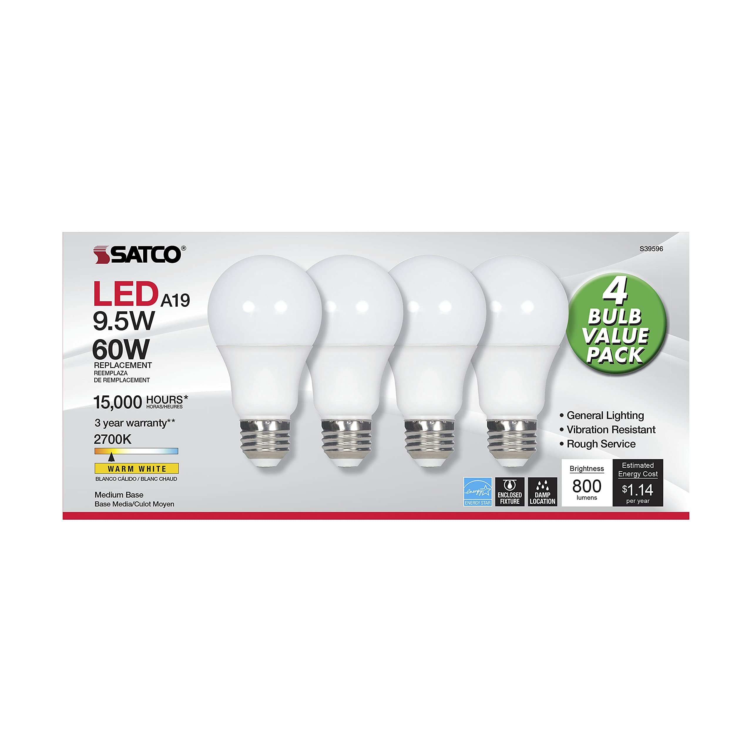 Satco S39596 LED A19 Light Bulbs, 9.5W, 2700K, 4-Pack, White Glass