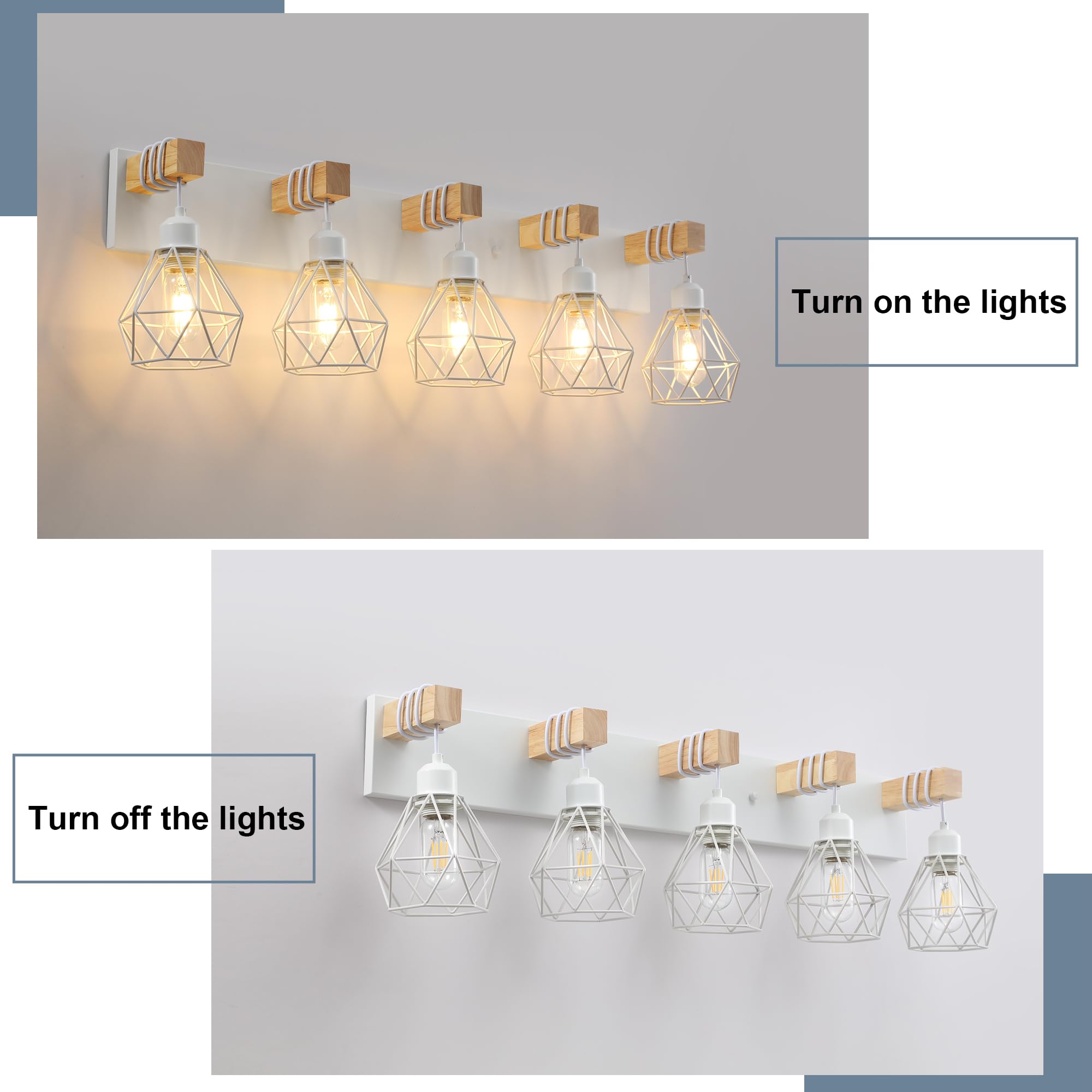 Farmhouse Vanity Light For Bathroom, 5-Light White Wood Bathroom Vanity Light Fixtures Over Mirror, Rustic Sconces Wall Lighting