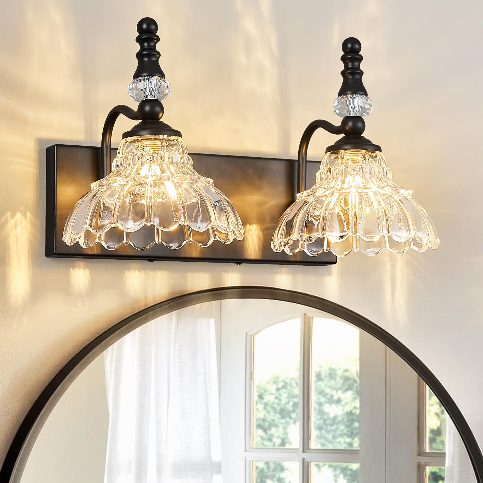 LBSQJ Vintage Bathroom Vanity Light  4-Light Black Vanity Lighting Fixture with Flower Glass Shade  Bathroom Lighting Fixtures Over Mirror
