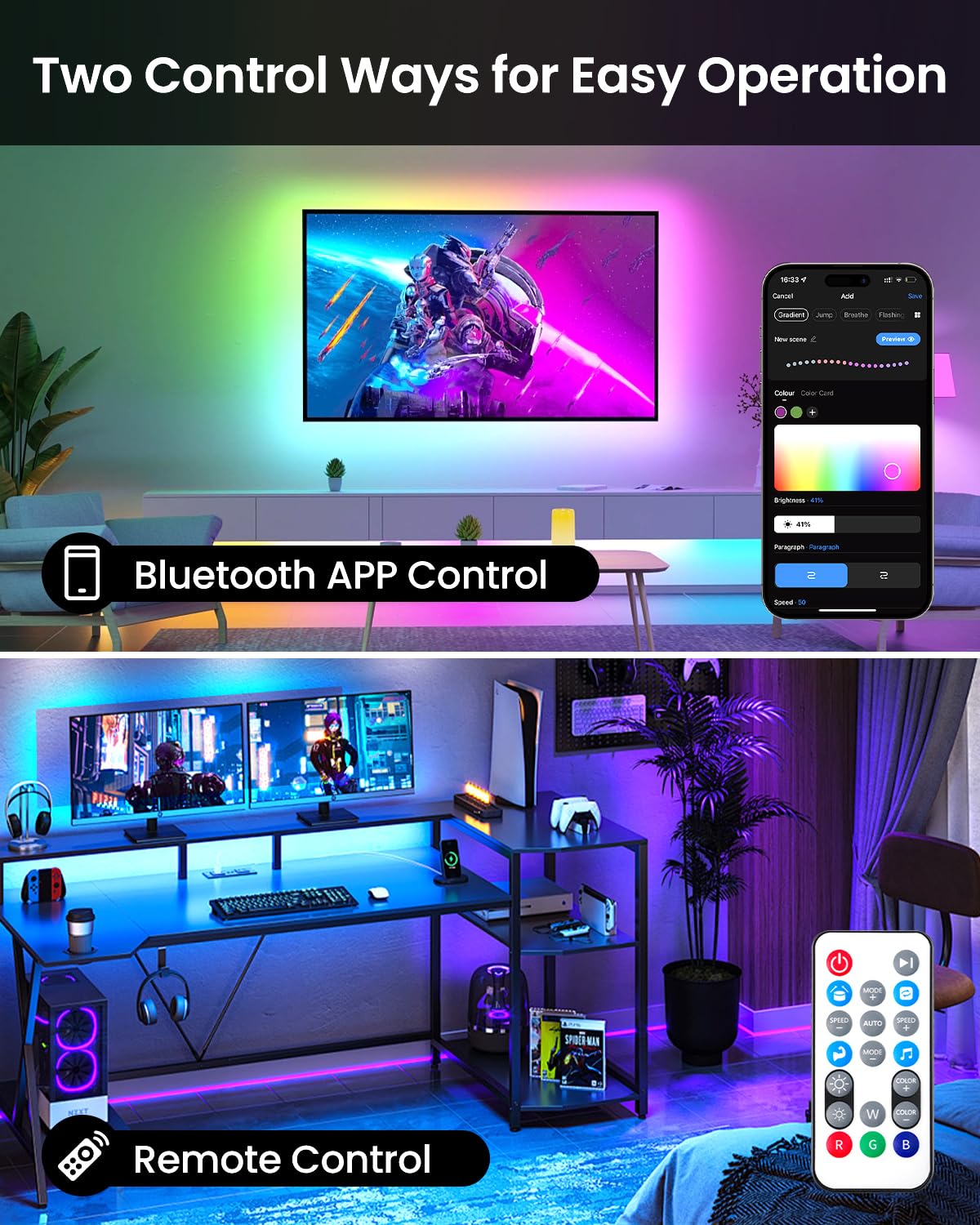 Pak LED Strip Lights, Smart RGB+IC, 6.6FT, Multicolor, Music Sync, App/Remote Control, Model PAK544585