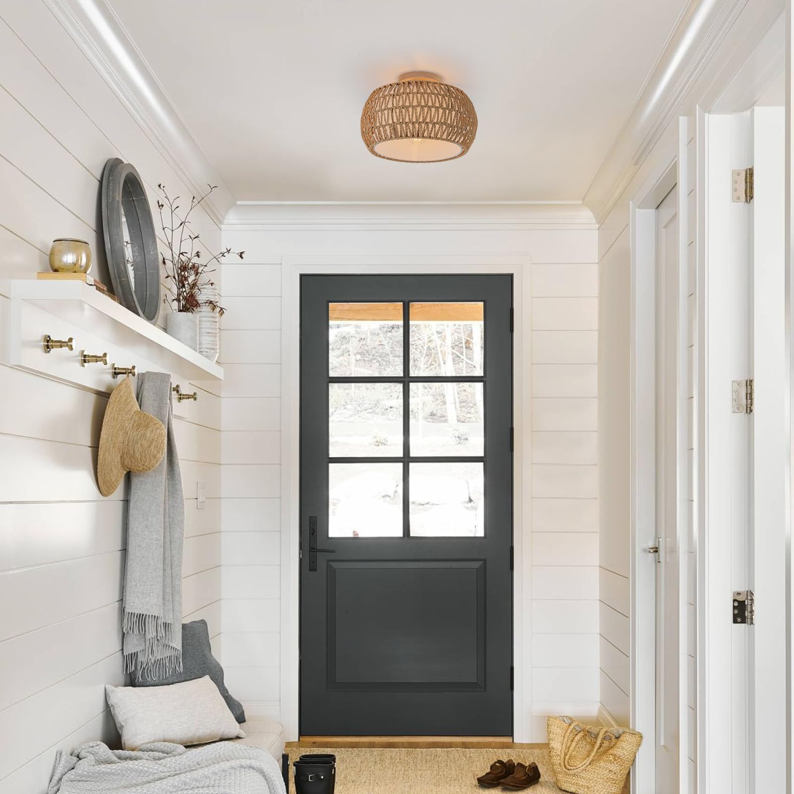 Dsliting Rattan Chandelier Boho Ceiling Light Fixtures Drum Flush Mount Ceiling Light Small Woven Chandelier For Kitchen Bedroom