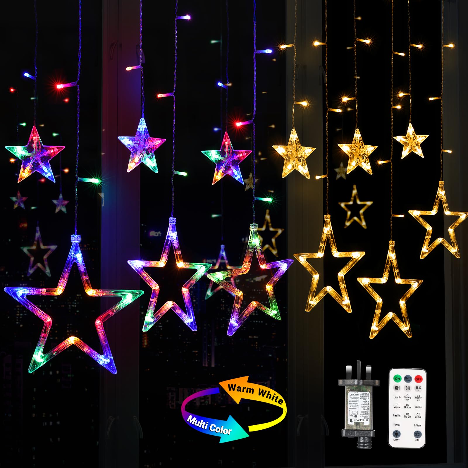 Quntis Remote 12 Star Christmas Curtain Lights, 11 Modes 138 LED Connectable Window Christmas Decoration Lights Hanging Backdrop Dimmable for Indoor Bedroom Wedding Party Wall, Multicolor & Warm White