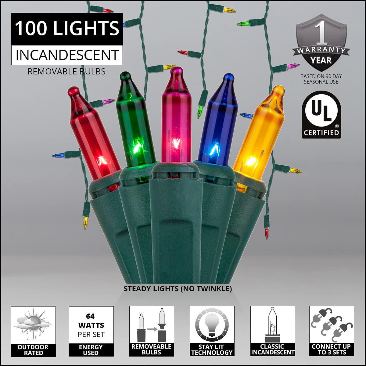 Kringle Traditions 5 ft Multicolor Icicle Lights, UL Listed, Green Wire, Model 17596, Christmas Outdoor Decorative Lights