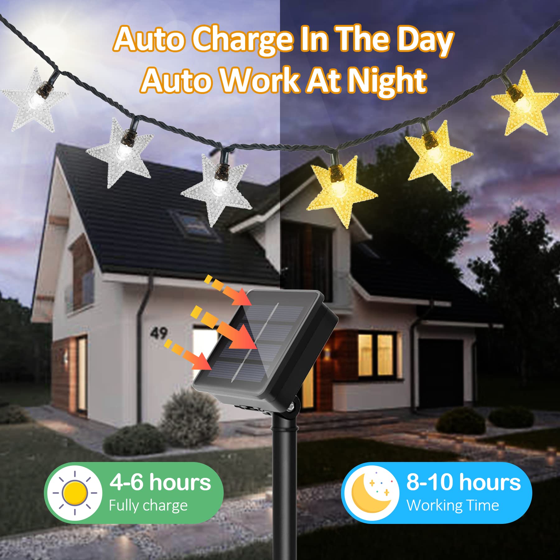 L LAMPOP Twinkle Solar Star String Lights, 100 LED, 39FT, 8 Modes, Waterproof, Warm White, Model SL-SWE-100L-US