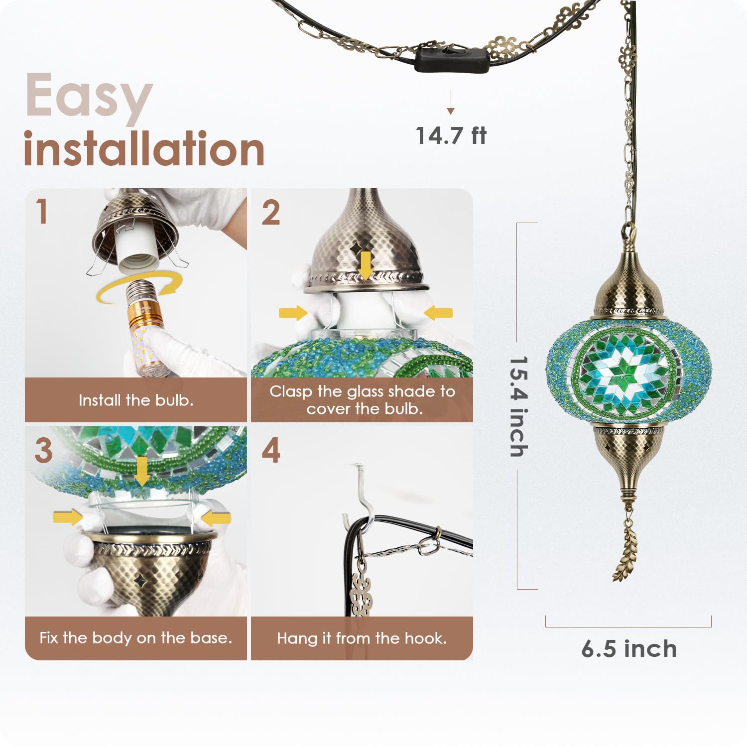 Yarra-Decor Turkish Moroccan Pendant Light - Tiffany Style Mosaic Ceiling Lamp, 15-Foot Cord, Green1, Model Ptr-1A-Gr1
