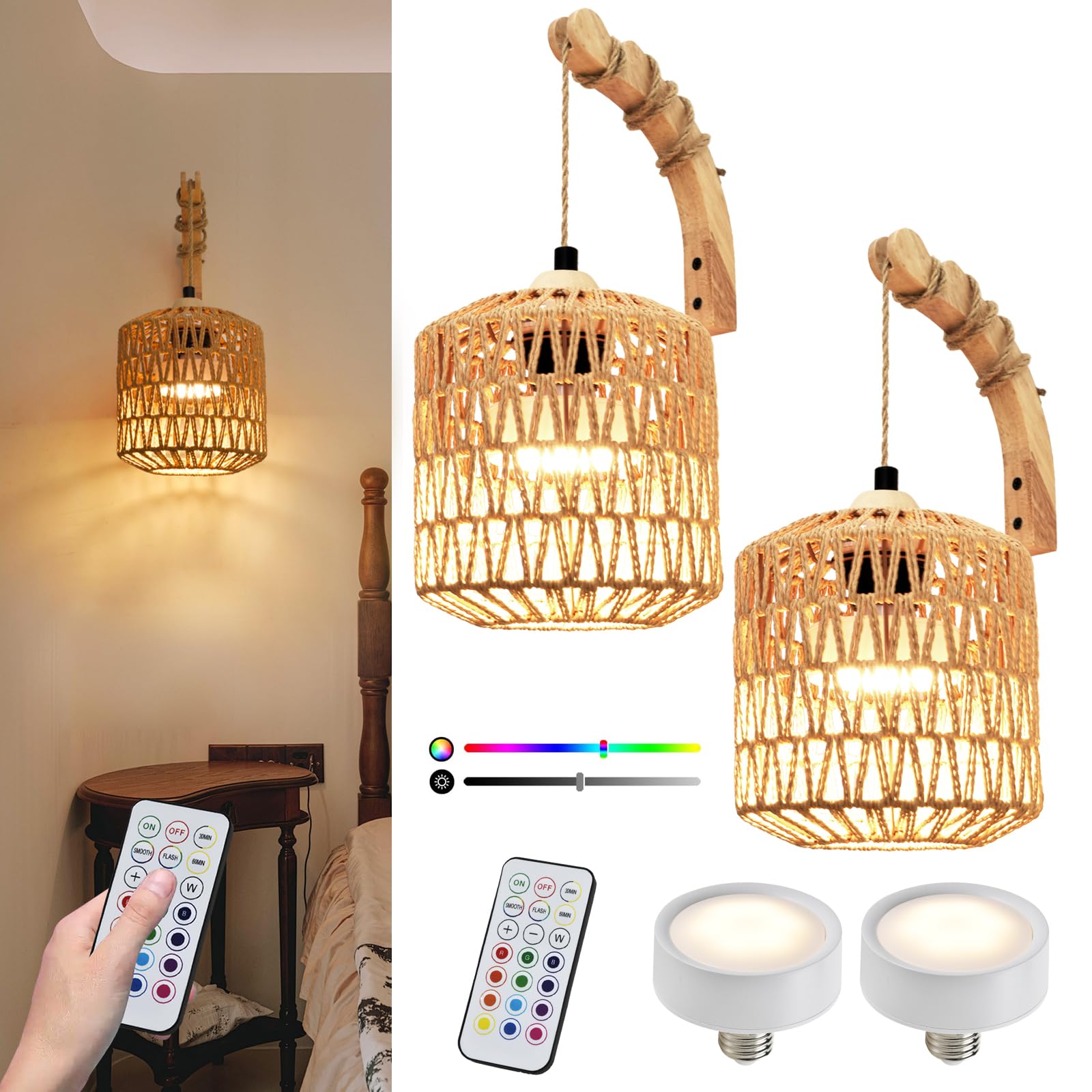 NOVCAND Battery Operated Wall Sconce Set of Two, Rechargeable Rattan, RGB 15 Colors Dimmable, Black, Model TW20240806-A