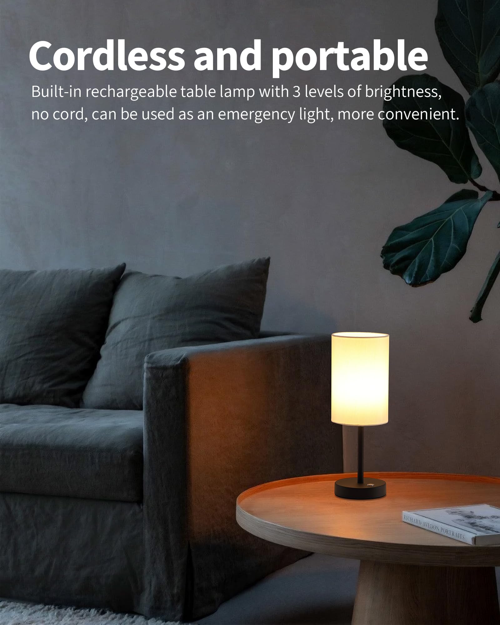 KDG Cordless Table Lamp, 3 Brightness Levels, 5x5x14.6 inches, Black + Beige Lampshade, Model AMZ-TBL-025-2-BY