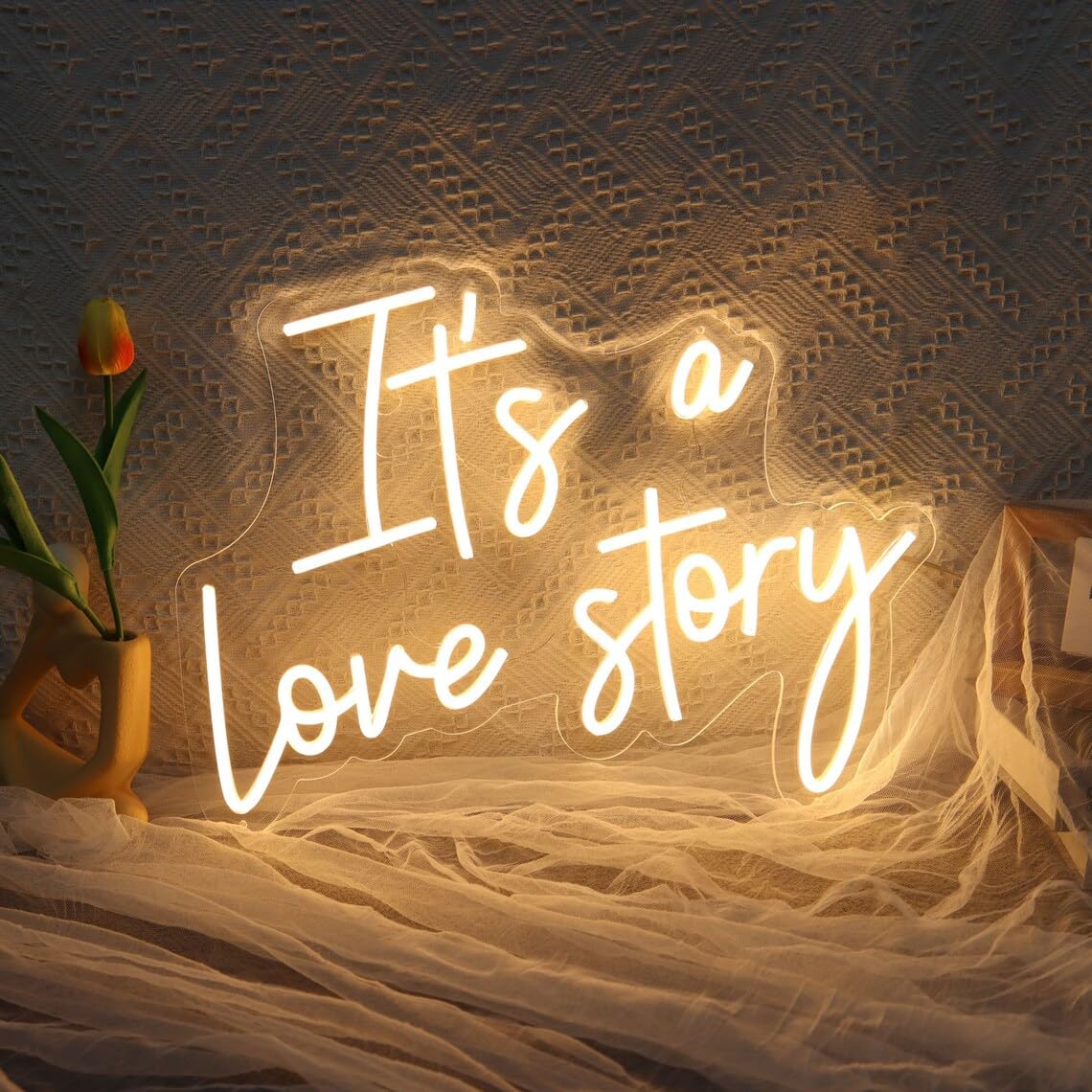 INSNEnN Neon Sign - Its a Love Story - Dimmable Acrylic Light Up Decor - 14.2 x 11 Inches - White