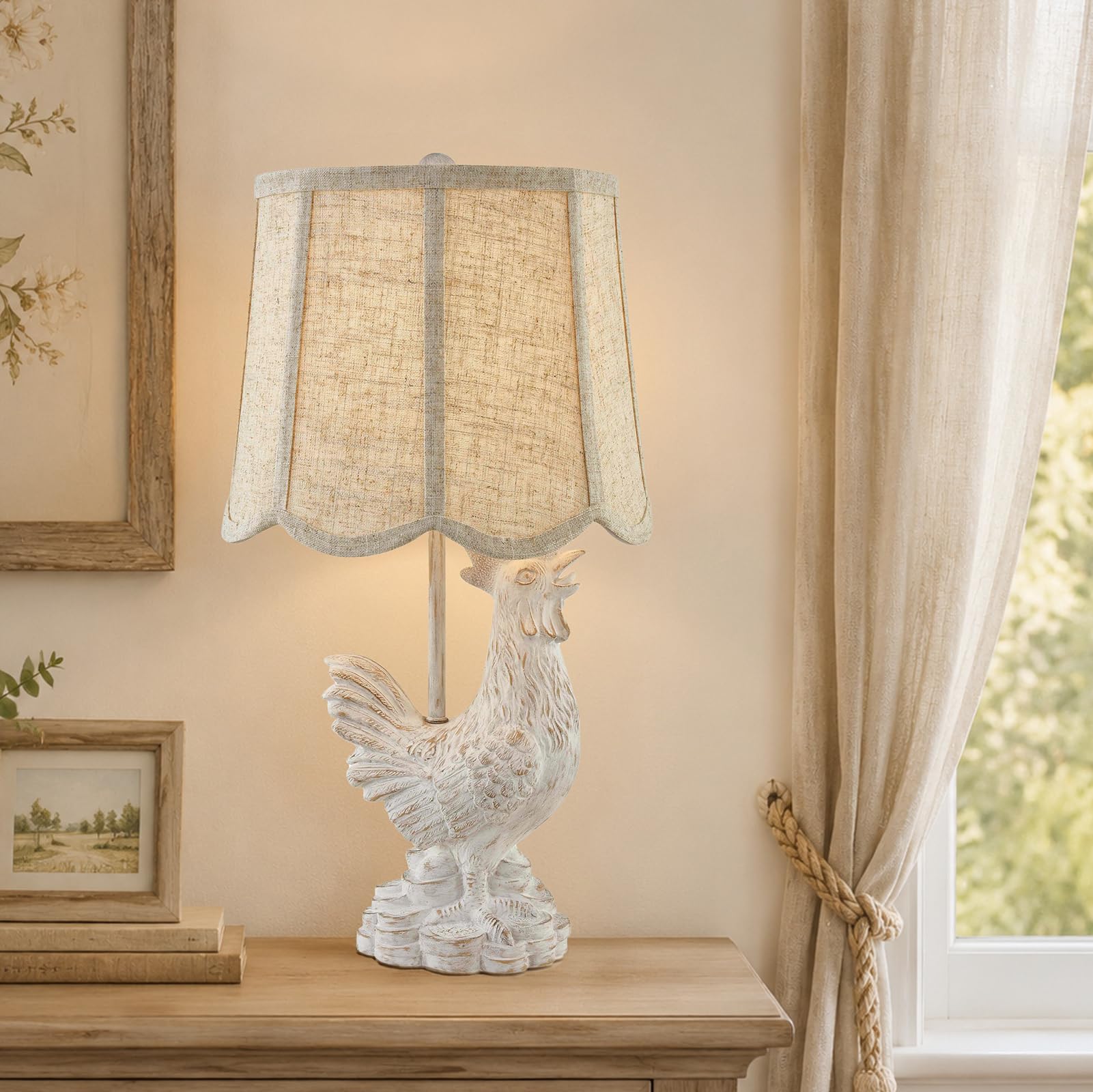 Crestview Collection 21 White Resin Rooster Table Lamp with Oatmeal Linen Shade, Farmhouse Rustic Country Accent Lighting for Li