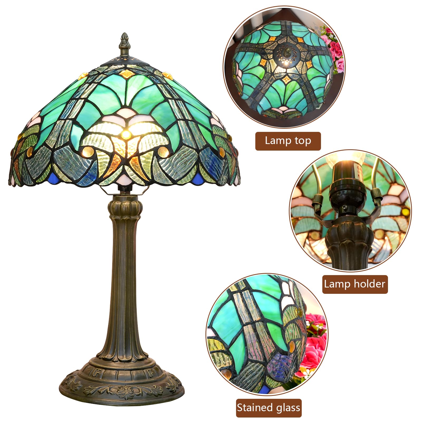 Blivuself Tiffany Lamp - Green Liaison Stained Glass Table Lamp, 12" W x 18" H, Antique Metal Base for Living Room & Bedroom