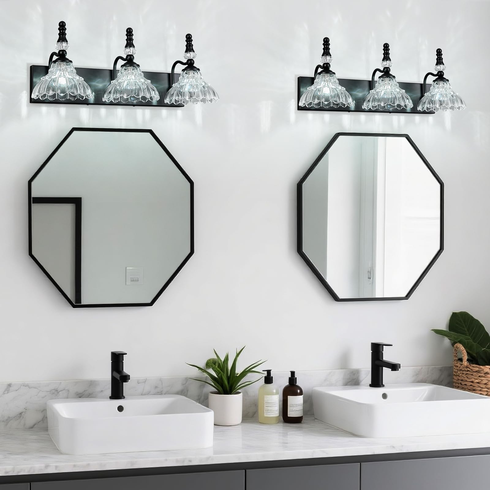 Lbsqj Vintage Bathroom Vanity Light  3-Light Black Vanity Lighting Fixture With Flower Glass Shade  Bathroom Lighting Fixtures Over Mirror