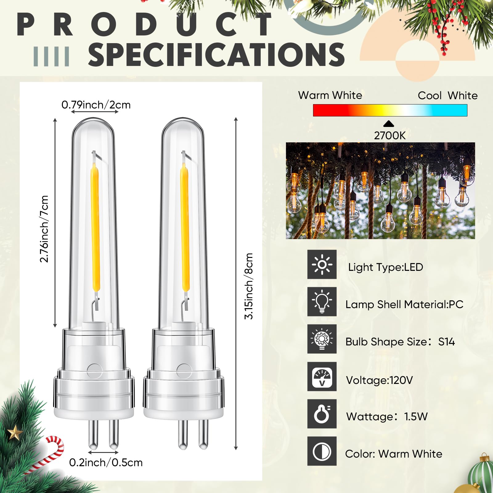 Rossesay S14 LED String Light Bulbs, 12 Pcs, 1.5W Waterproof, Warm White, 2700K, 120V Replacement for Outdoor Patio, Model X