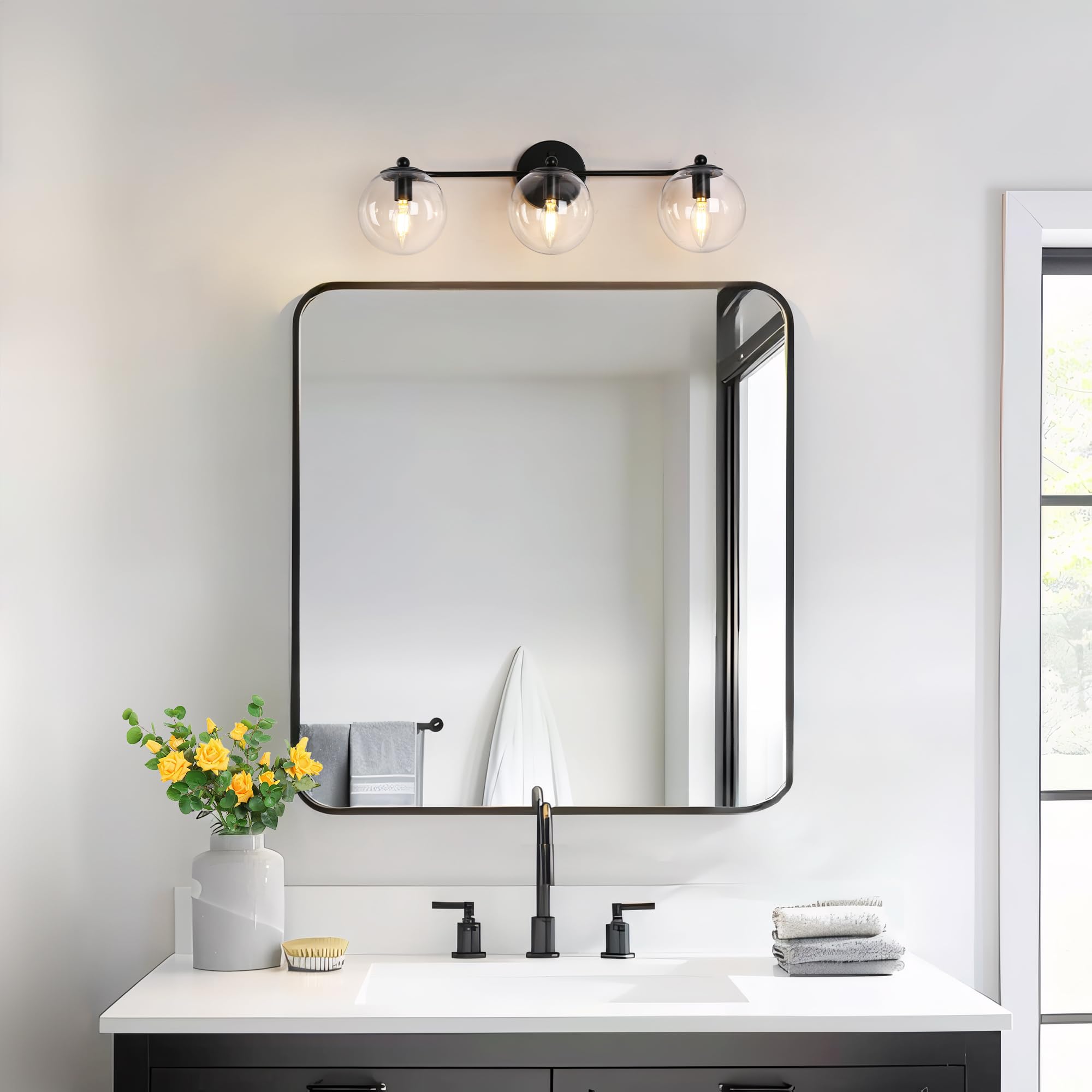 GEPOW 3-Light Bathroom Light Fixtures, Black Metal Vanity Lamp with Clear Globe Shade