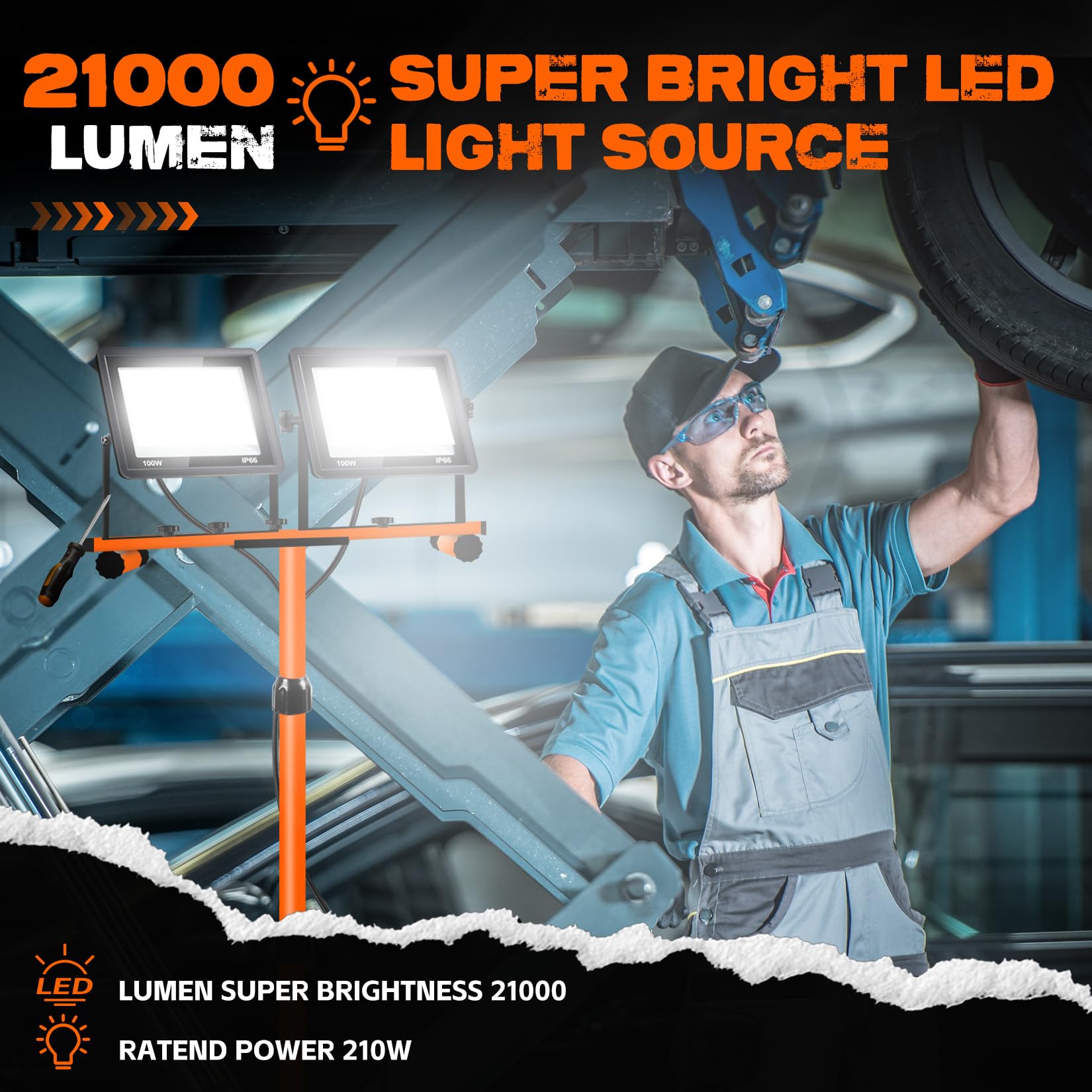 Yurnomy 21000 Lumen LED Work Light with Adjustable Tripod Stand, Waterproof, Orange-2, Model GZD-1