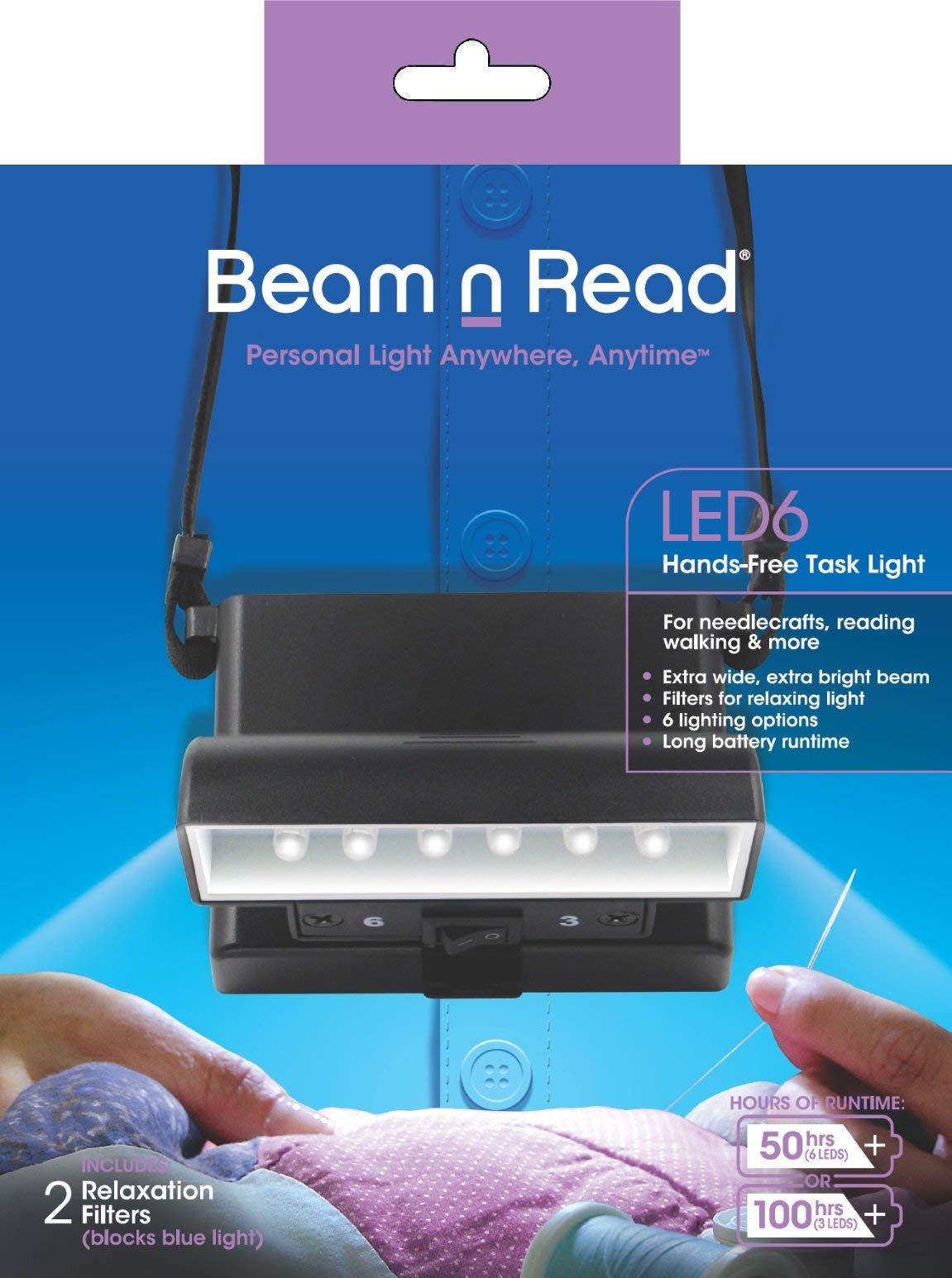 Beam n Read LED 6 Hands-Free Task Light; Extra Wide & Extra Bright Light from 6 LEDs Plus 2 Blue Light Blocking Relaxation Filters