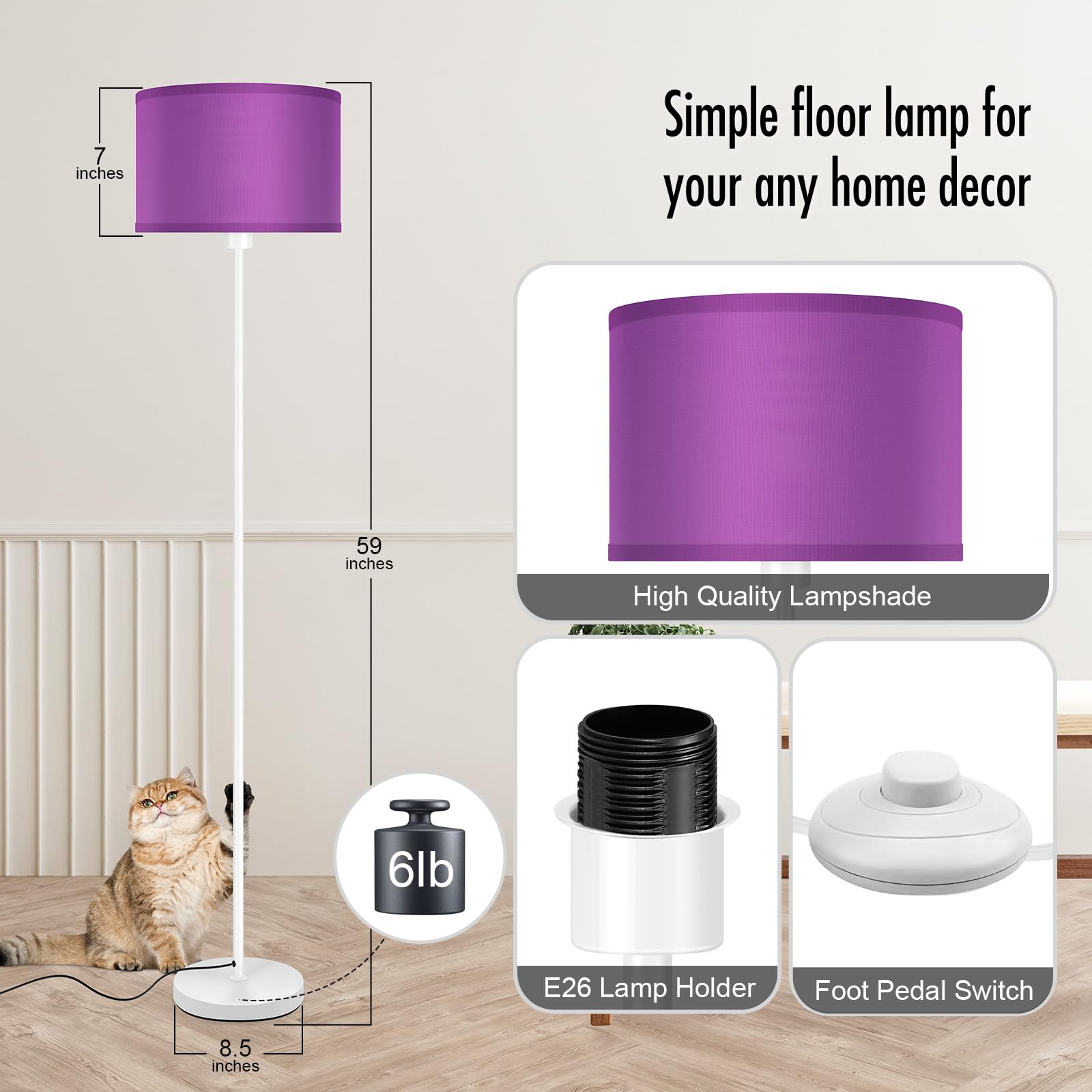 AUQUEE Floor Lamp, Modern 59" Standing Lamp with Purple Lampshade, Metal, White, Foot Switch - Model AQ1123US